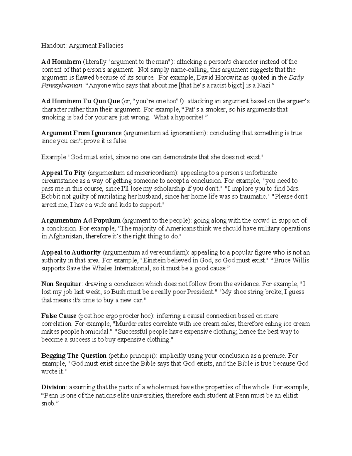 Argument Fallacy Handout - Handout: Argument Fallacies Ad Hominem ...