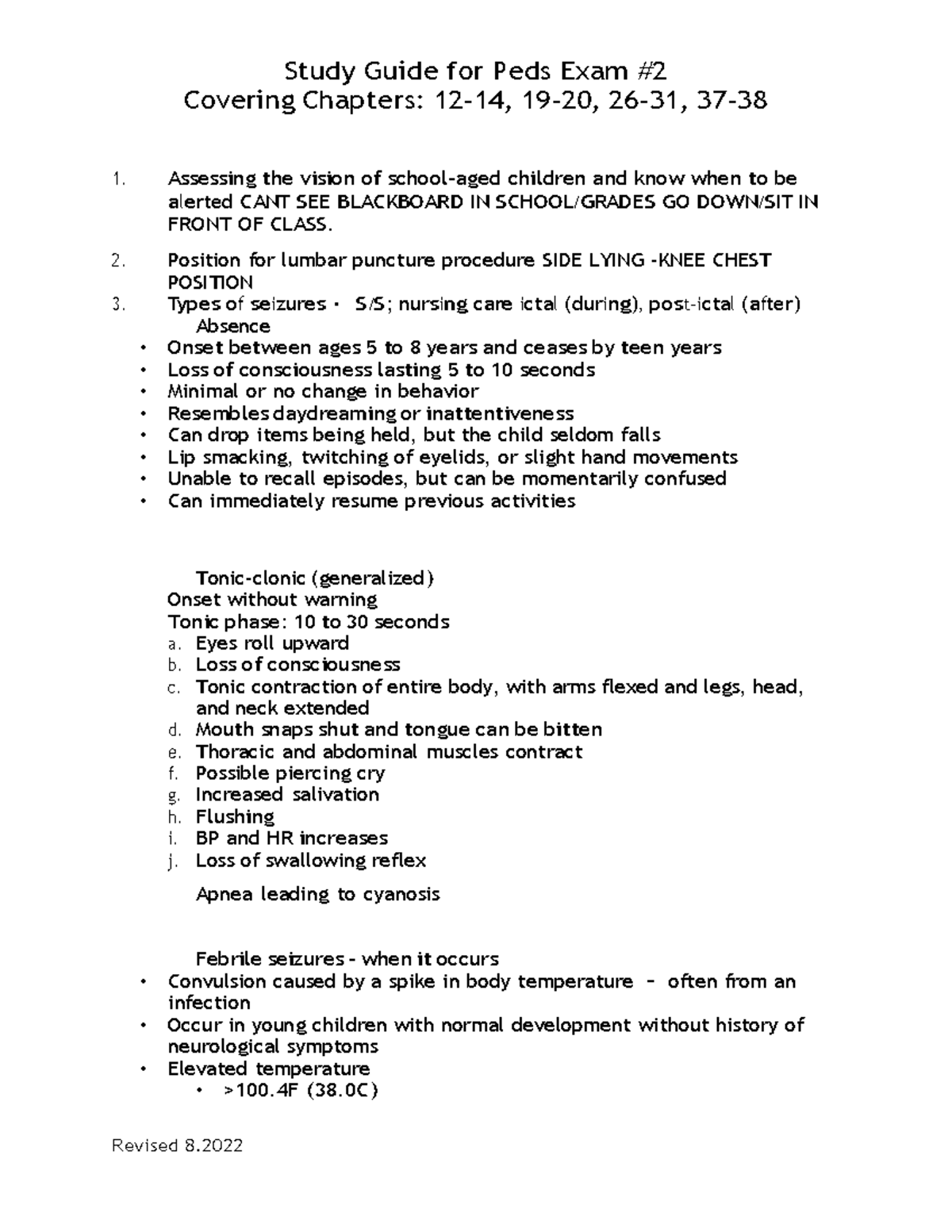 Study Guide for Peds Exam 2 - Covering Chapters: 12-14, 19-20, 26-31 ...