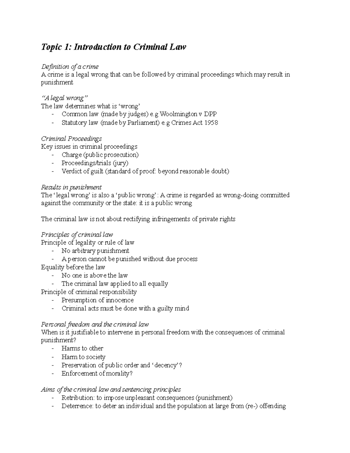 Criminal Law Exam Notes - Topic 1: Introduction To Criminal Law ...