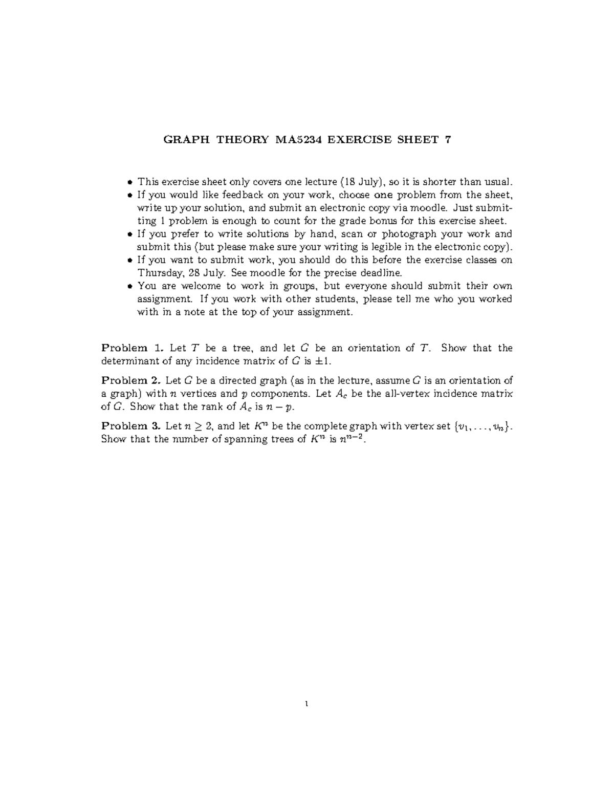 Exercise sheet 7 - Study Material - GRAPH THEORY MA5234 EXERCISE SHEET ...