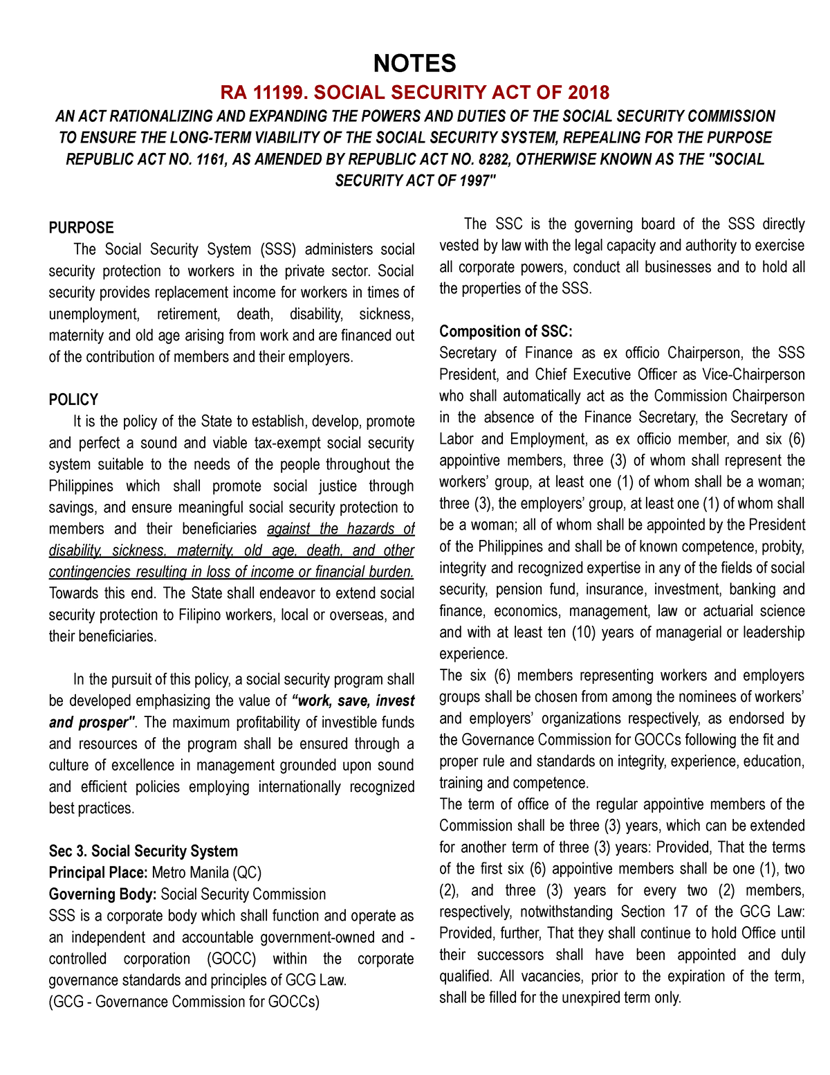 Notes F3 Social Security System NOTES RA 11199. SOCIAL SECURITY ACT