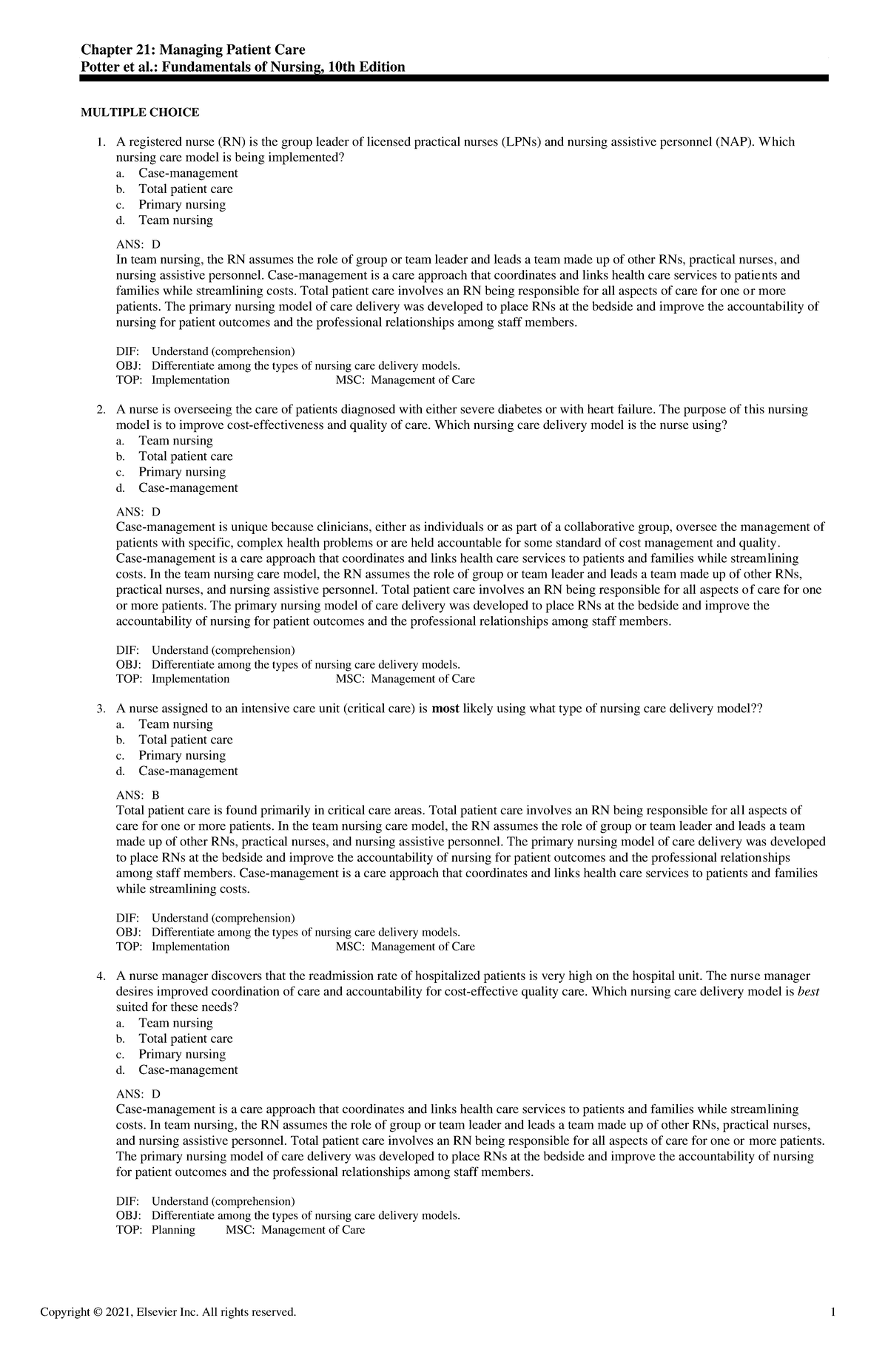 Exam View - Chapter 21 - Chapter 21: Managing Patient Care Potter et al ...