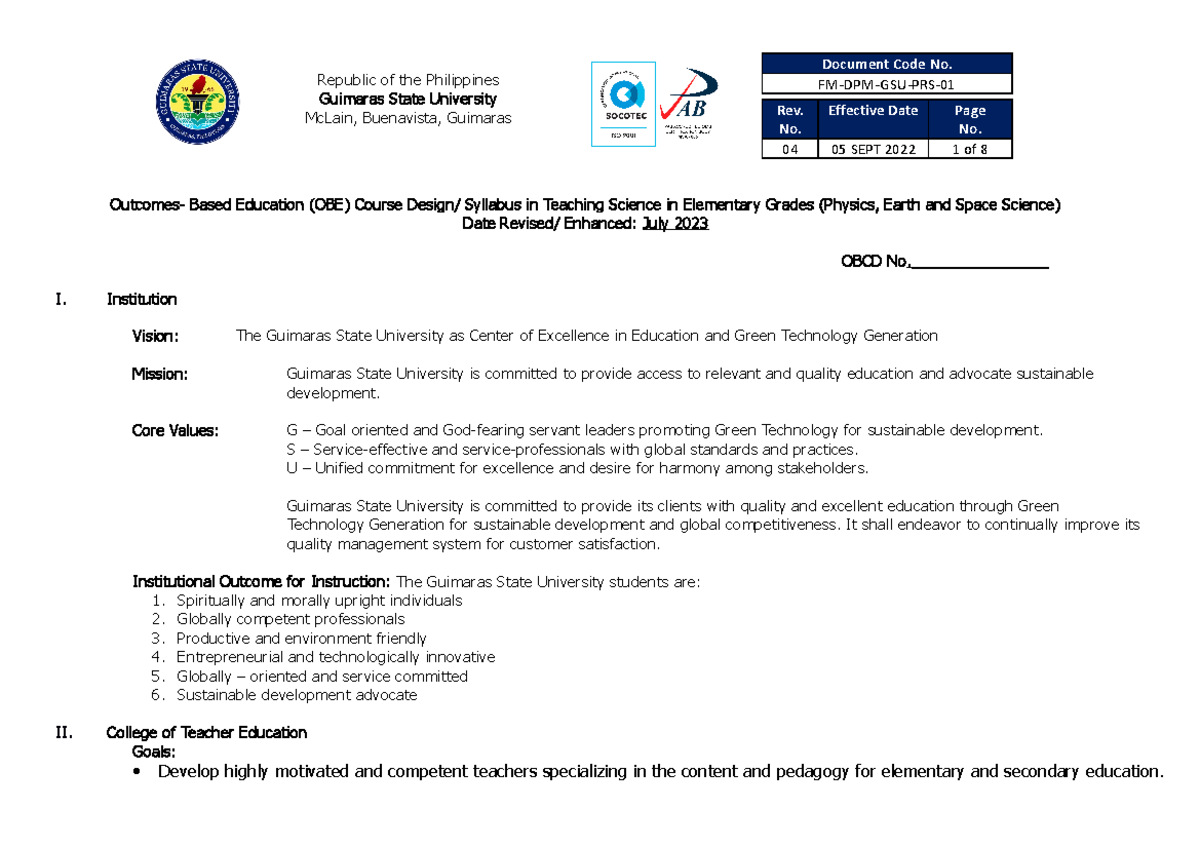 Syllabus Teaching Science in Elementary Grades Republic of the