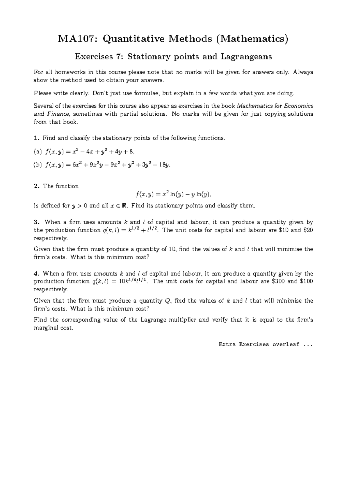 Exercise practice 7 - MA107: Quantitative Methods (Mathematics ...