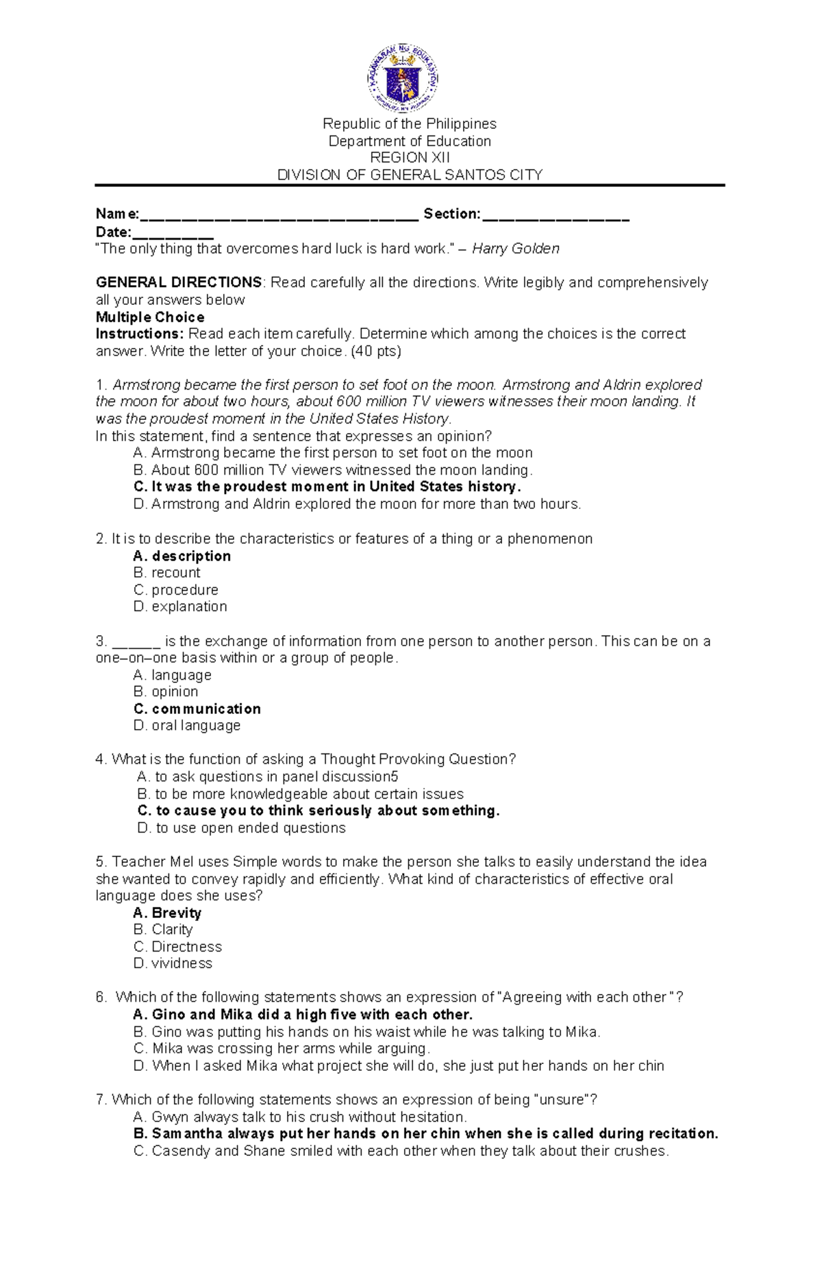 Exam 40 items fourth quarter - Republic of the Philippines Department ...