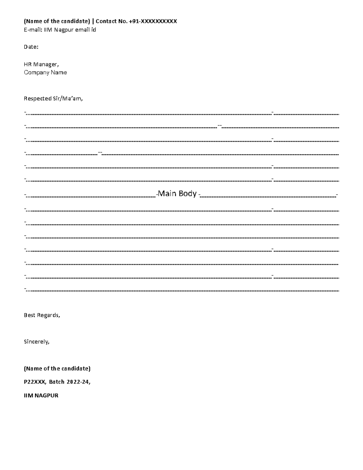 Cover Letter Template - (Name of the candidate) | Contact No. +91 ...