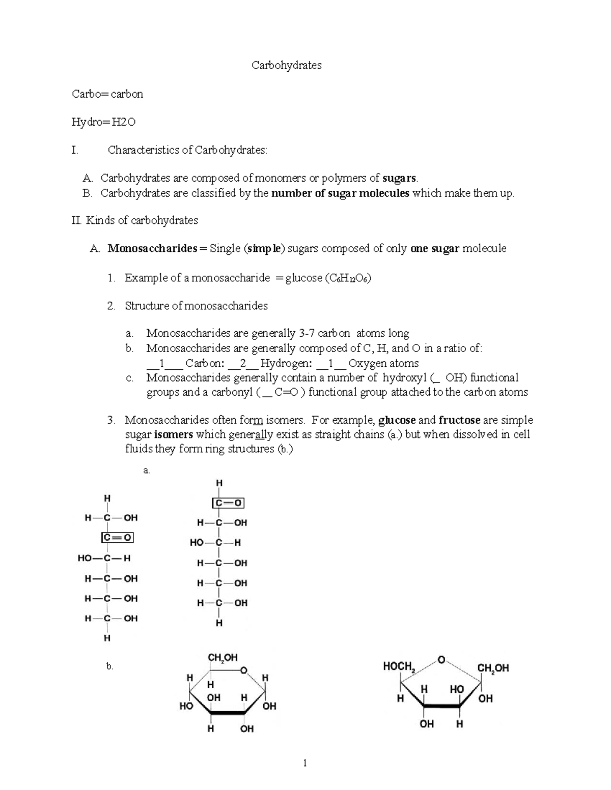 Carbos 15 Carbohydrates Carbo= carbon Hydro= H2O I. Characteristics of Carbohydrates A. Studocu
