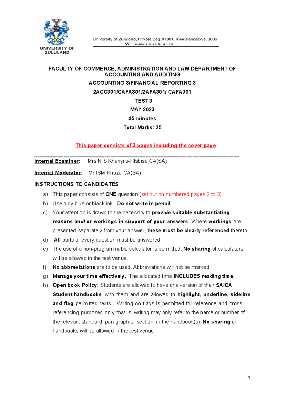 BCom Accounting Science TEST 3 - FACULTY OF COMMERCE, ADMINISTRATION ...