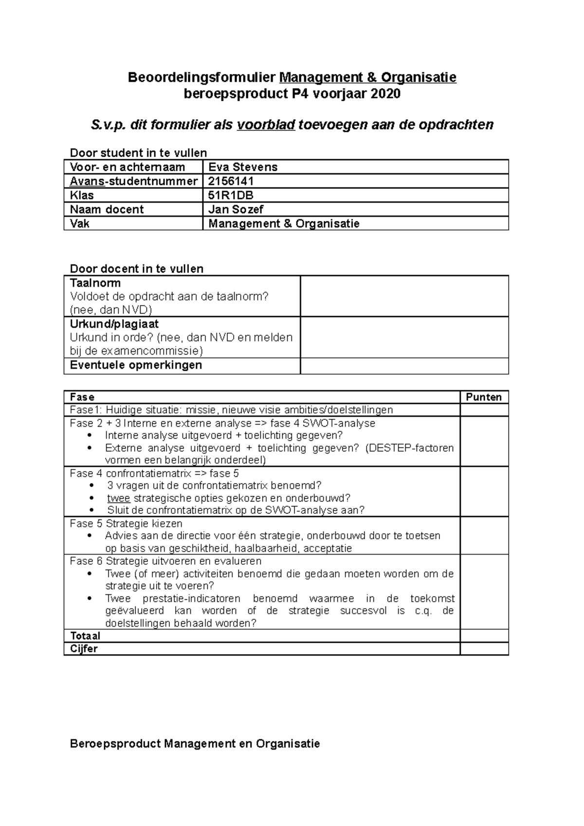 Beroepsproduct Management en Organisatie  Beoordelingsformulier
