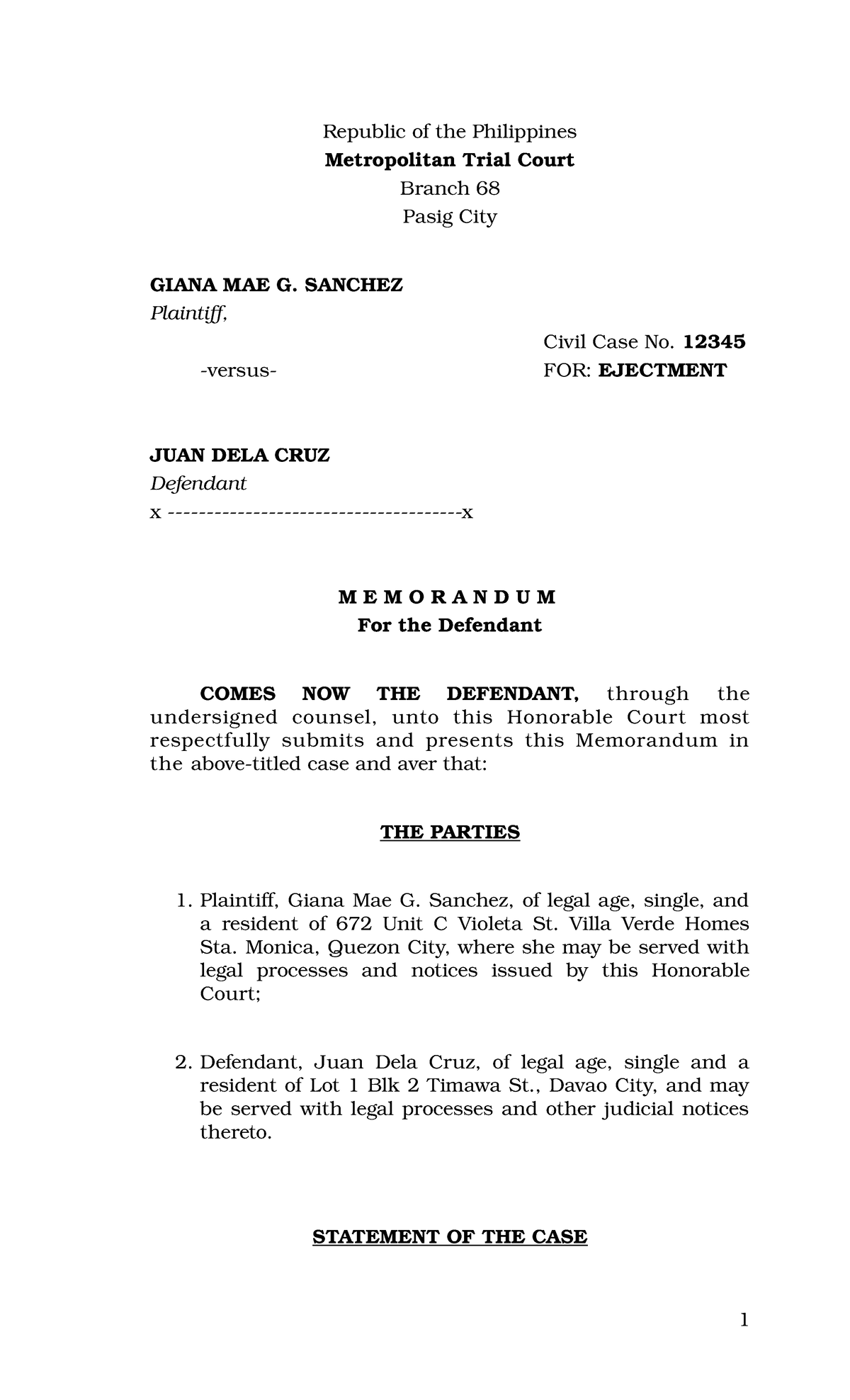 Memorandum for the Defendant Ejectment Republic of the Philippines