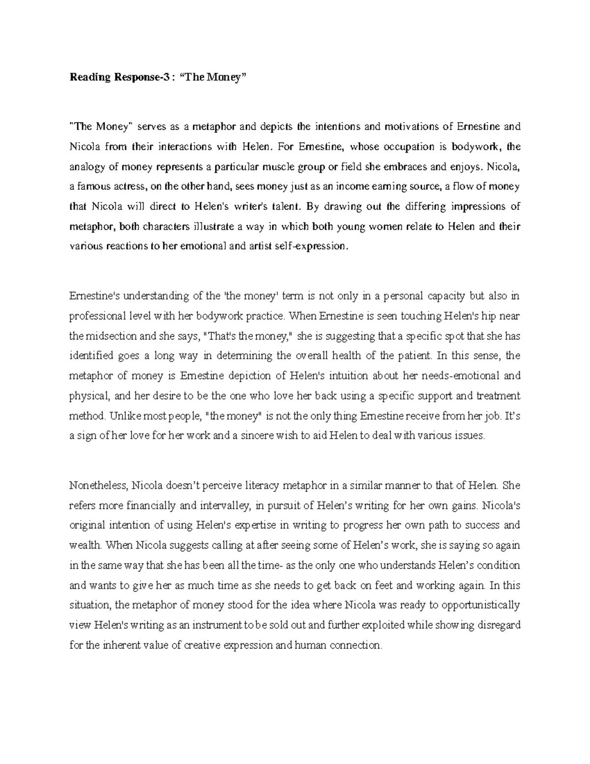 Reading Response 3 - wdqqwdwqdqw - Reading Response-3 : “The Money ...