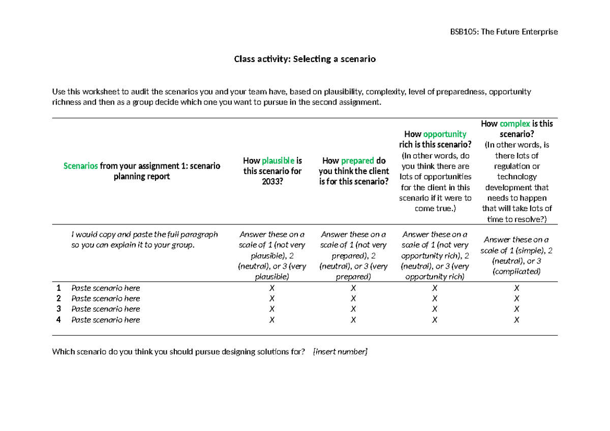 Scenario Selection 2023 - BSB105: The Future Enterprise Class activity ...