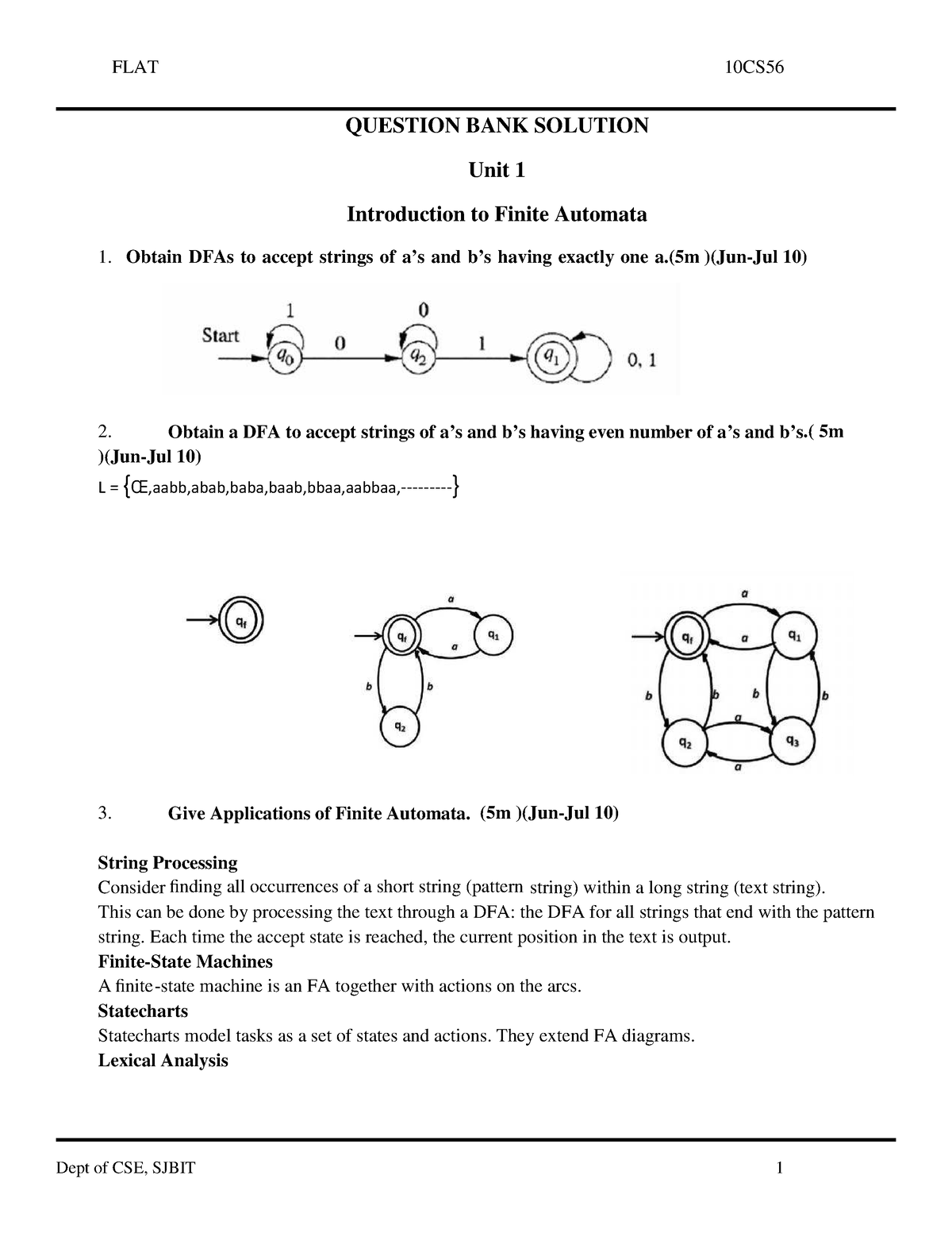 Introduction To Finite Automata - QUESTION BANK SOLUTION Unit 1 ...