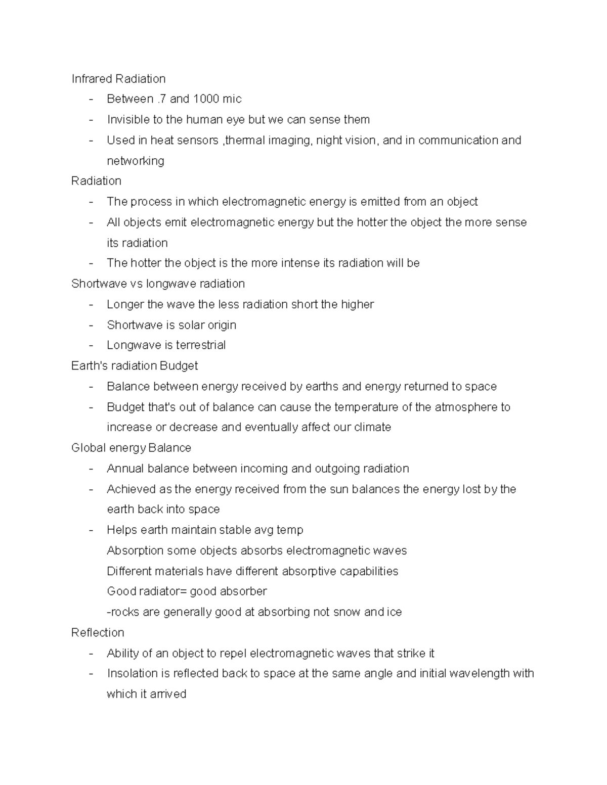 Geog 6 - Lecture 6 notes - Infrared Radiation - Between .7 and 1000 mic ...