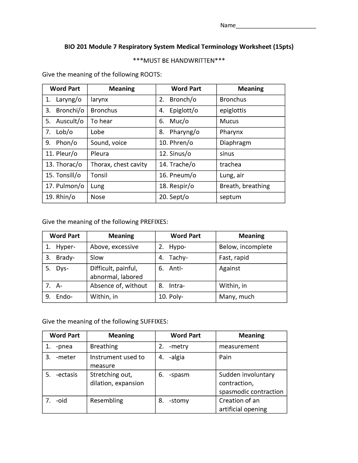 Medical Terminology Worksheet Respiratory - BIO 201 Module 7