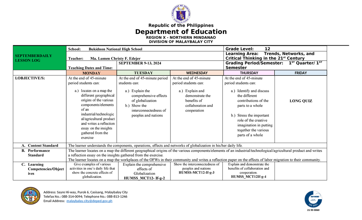 Week 7 DLL - guide for teaching - Department of Education REGION X ...