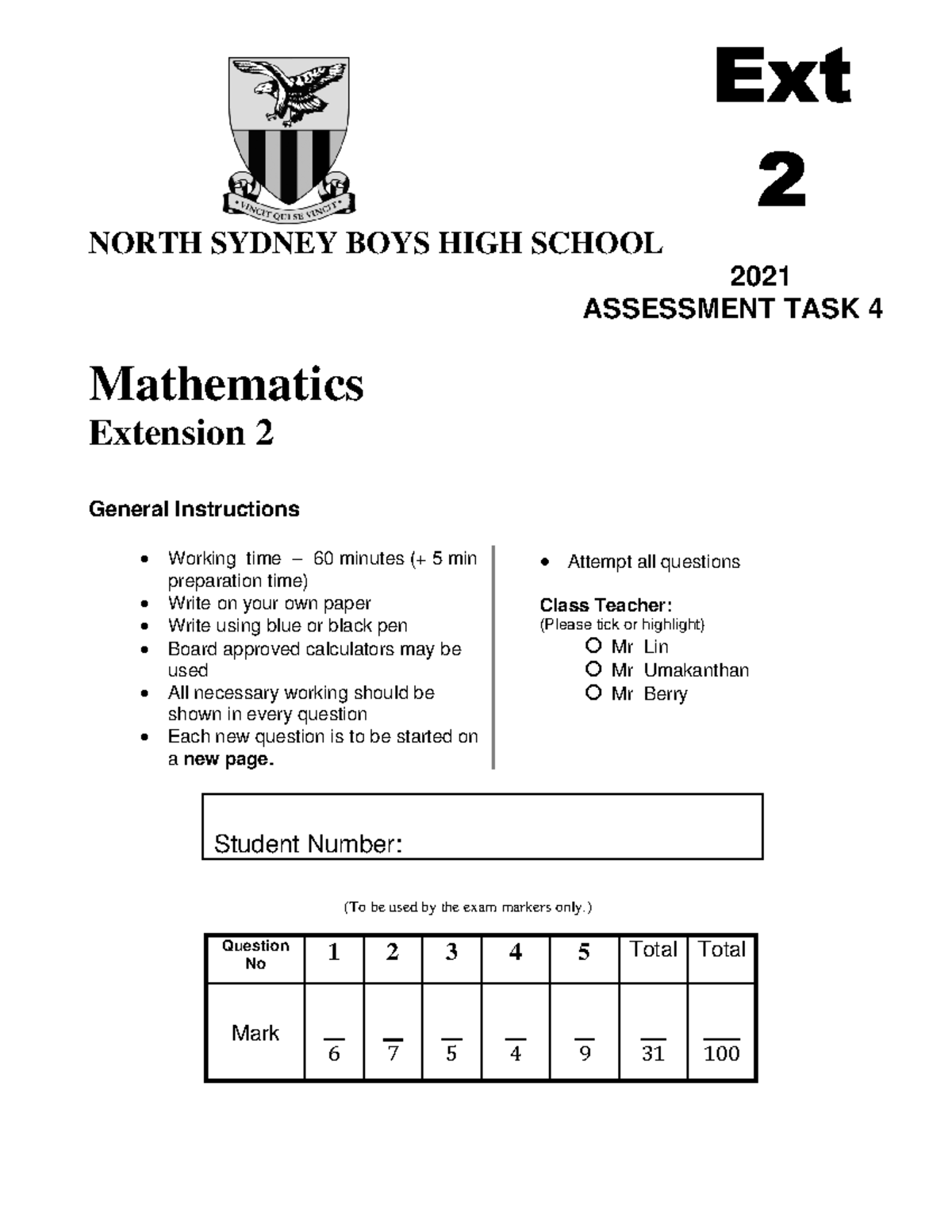 At4 - NORTH SYDNEY BOYS HIGH SCHOOL 2021 ASSESSMENT TASK 4 Mathematics ...