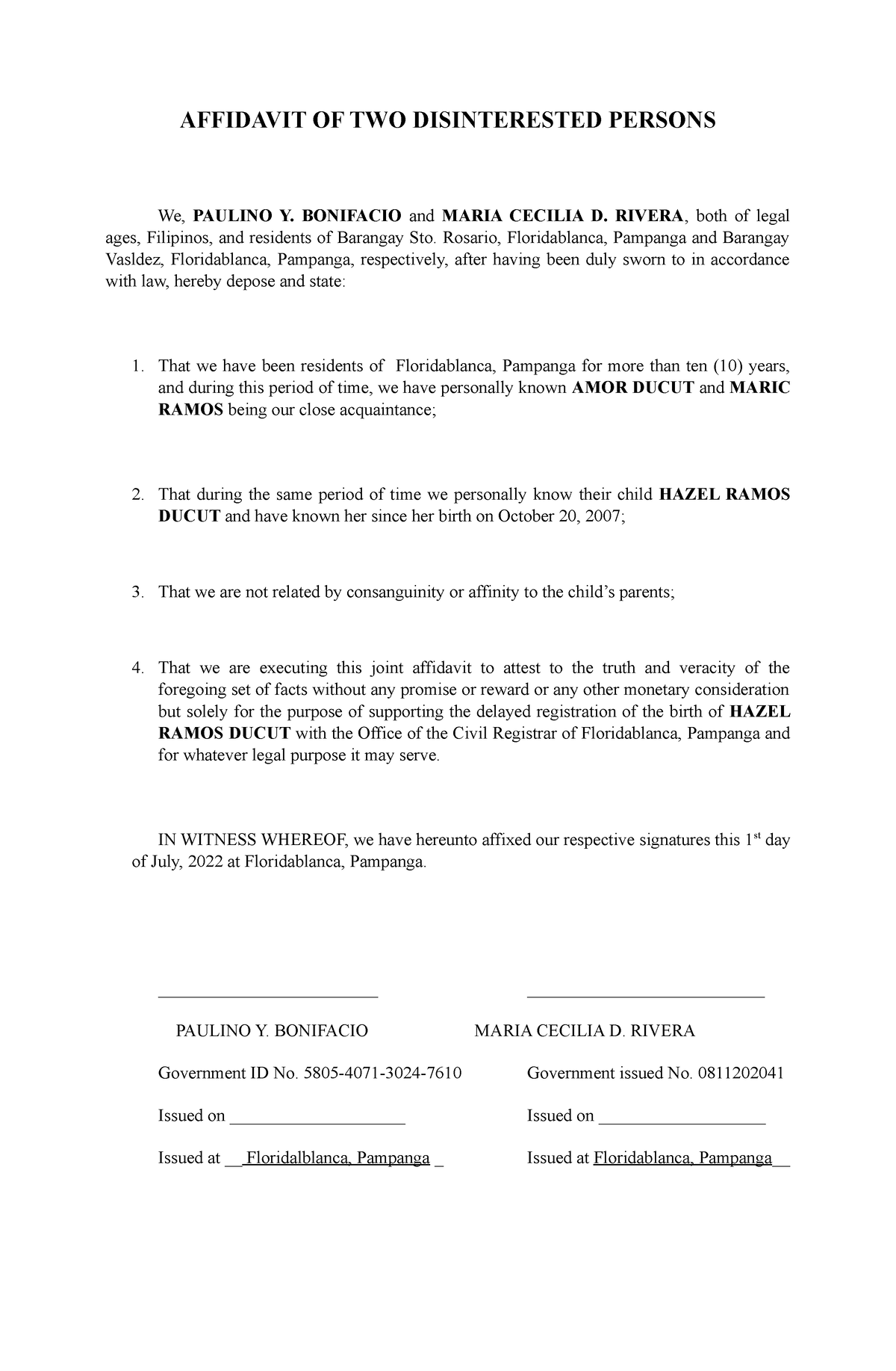 Affidavit Two 2 Disinterested Persons Affidavit Of Two Disinterested Persons We Paulino Y 3788