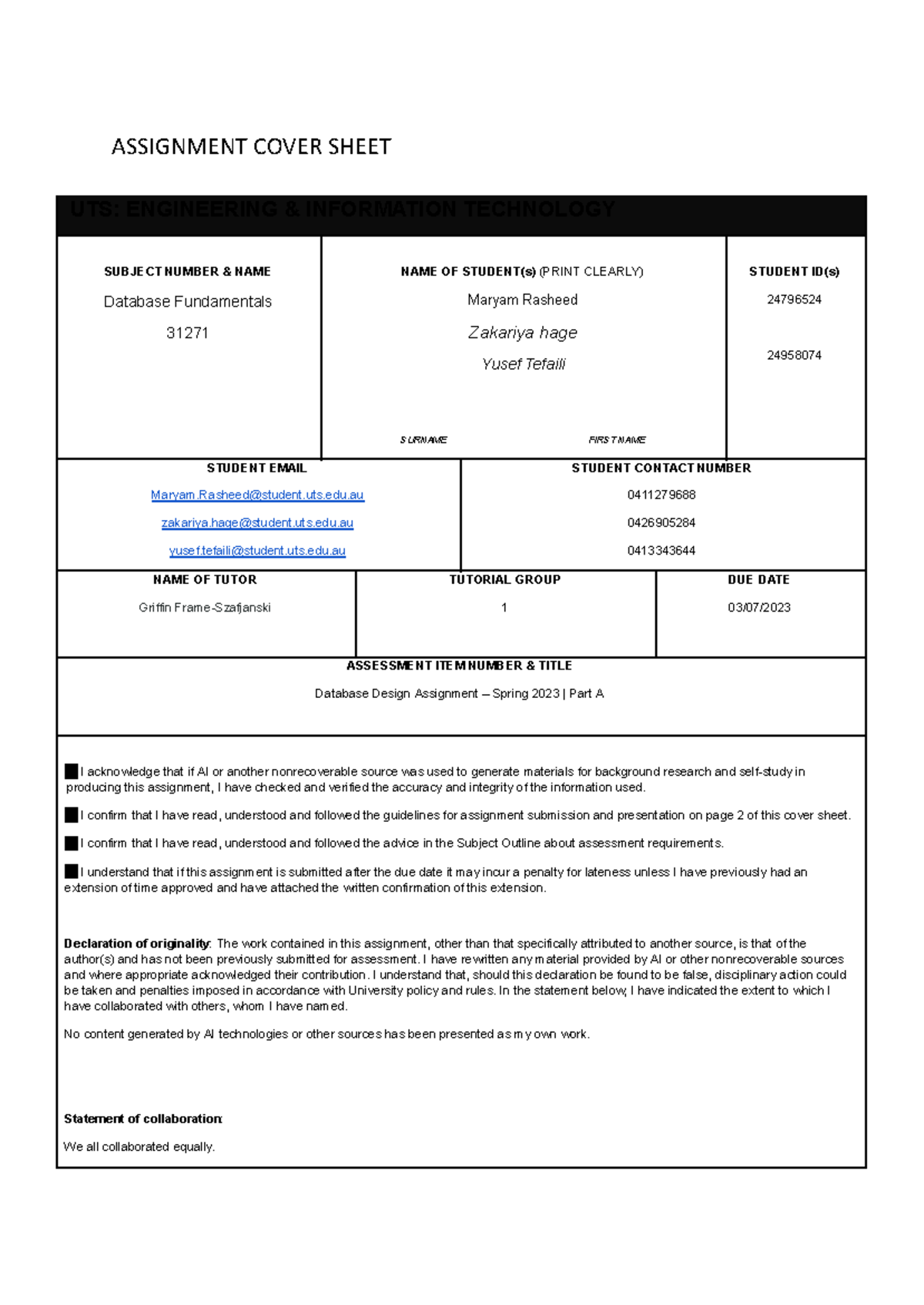 uts assignment cover sheet 2023