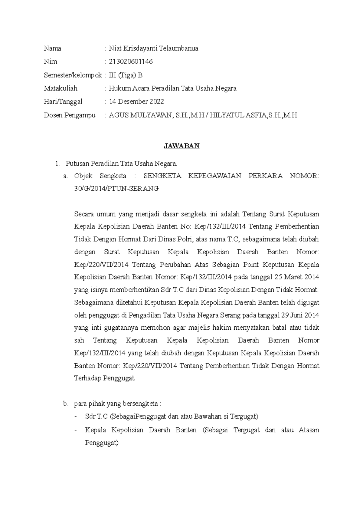 UAS PTUN - Contoh Kasus Perkara PTUN Dan Penyelesaiannya - Nama : Niat ...