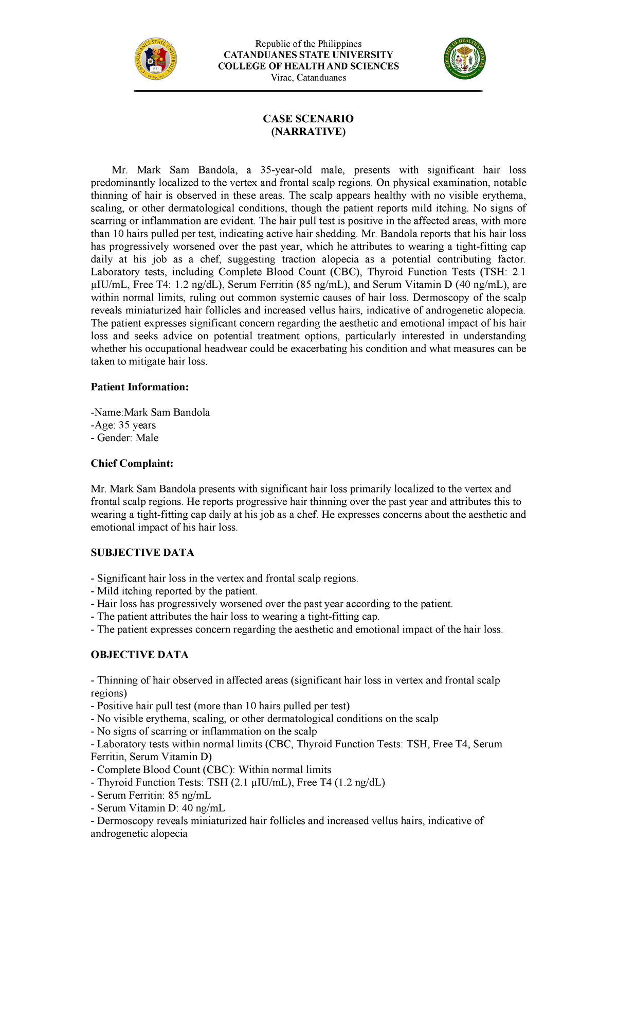 Final Project IN Health Assessment - CASE SCENARIO (NARRATIVE) Mr. Mark ...