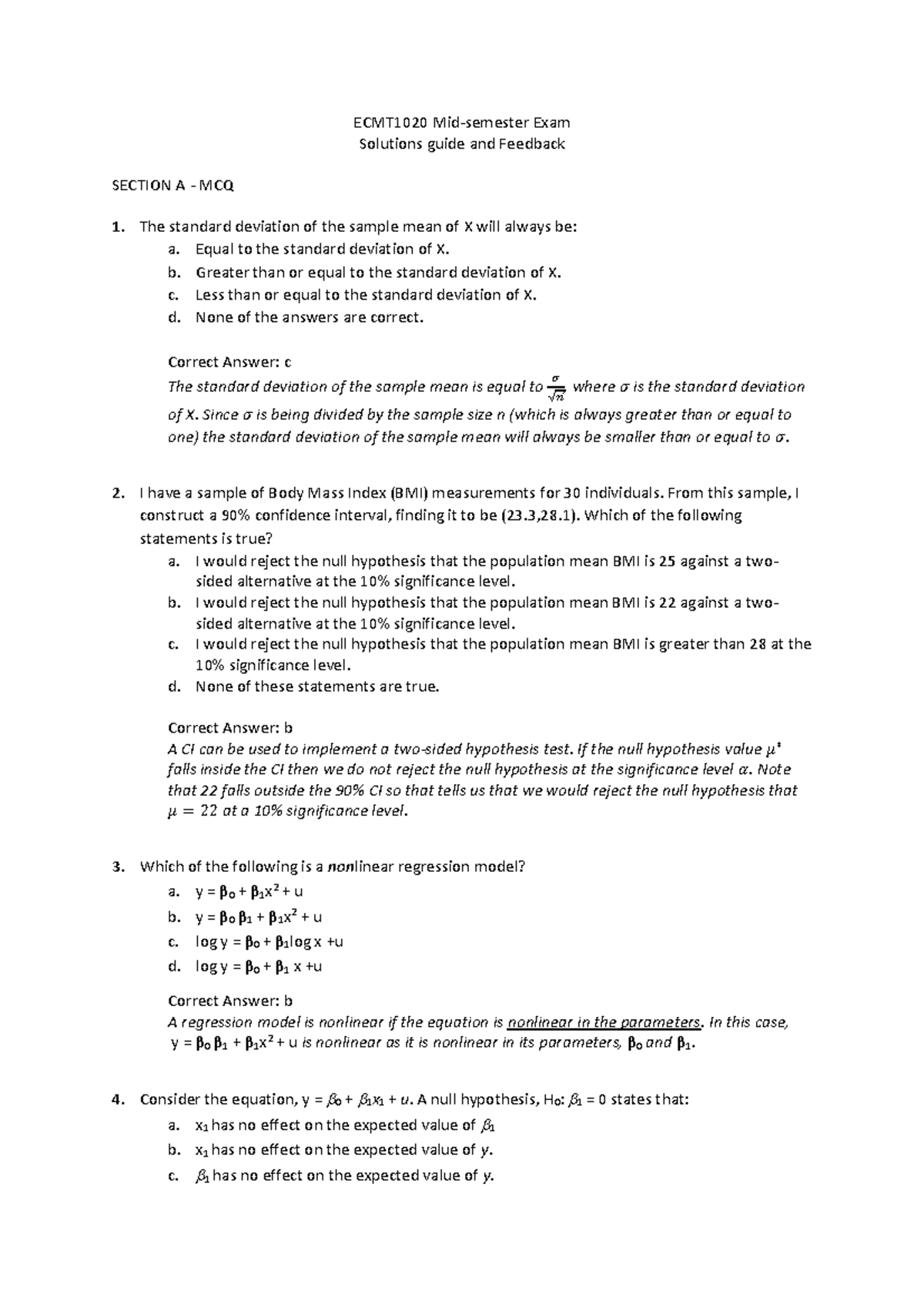 Exam September 2018, answers - ECMT1020 Exam Solutions guide and ...