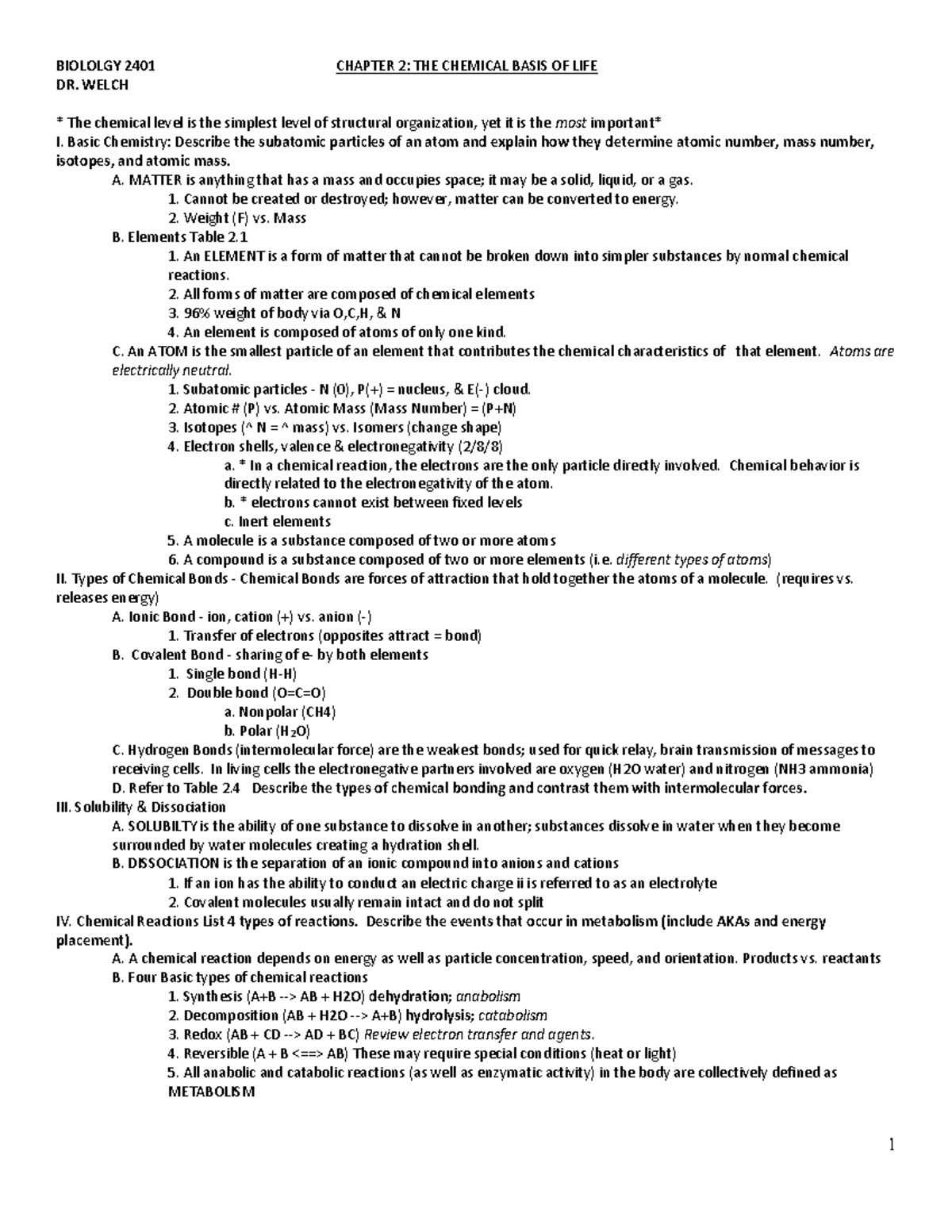 BIOL 2401 Chapter 2 - 1 BIOLOLGY 2401 CHAPTER 2: THE CHEMICAL BASIS OF ...