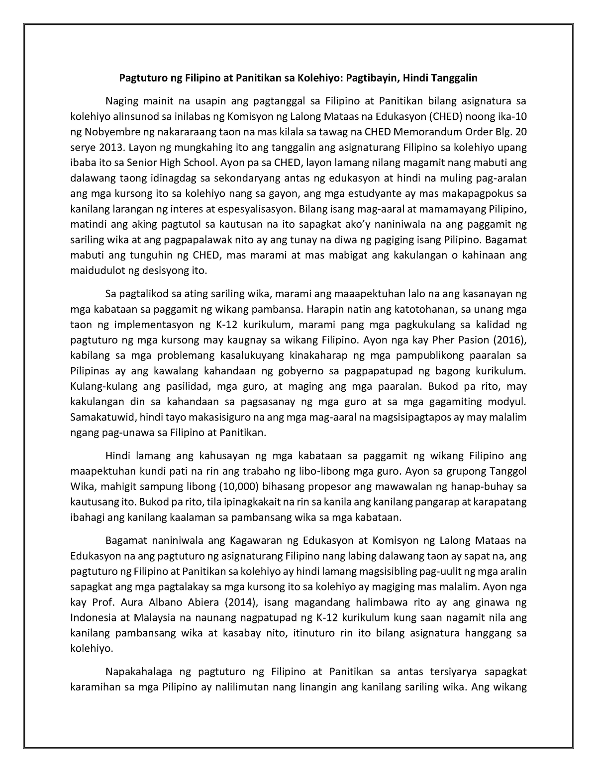Posisyong papel: Pagtanggal ng Filipino at Panitikan sa Kolehiyo