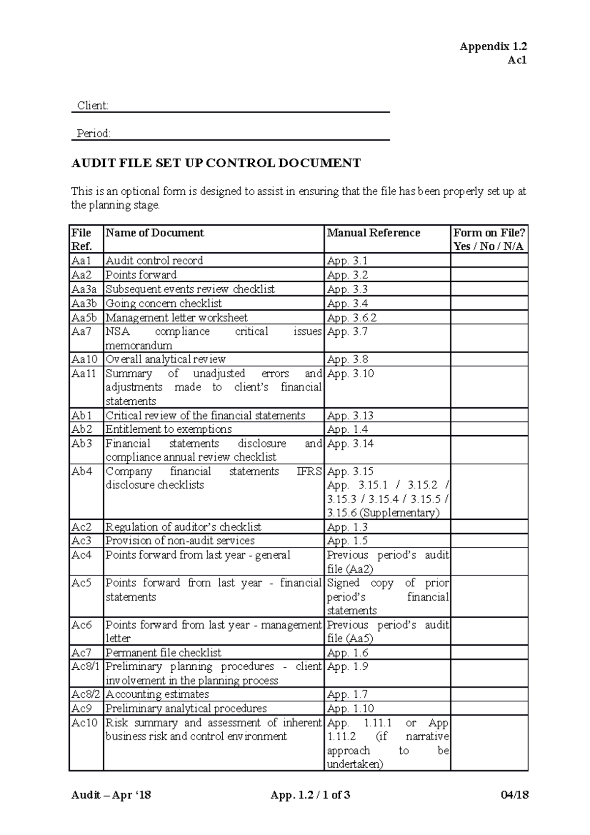 1.2 Ac1 Audit File Set Up Control Document - Appendix 1. Ac Client ...