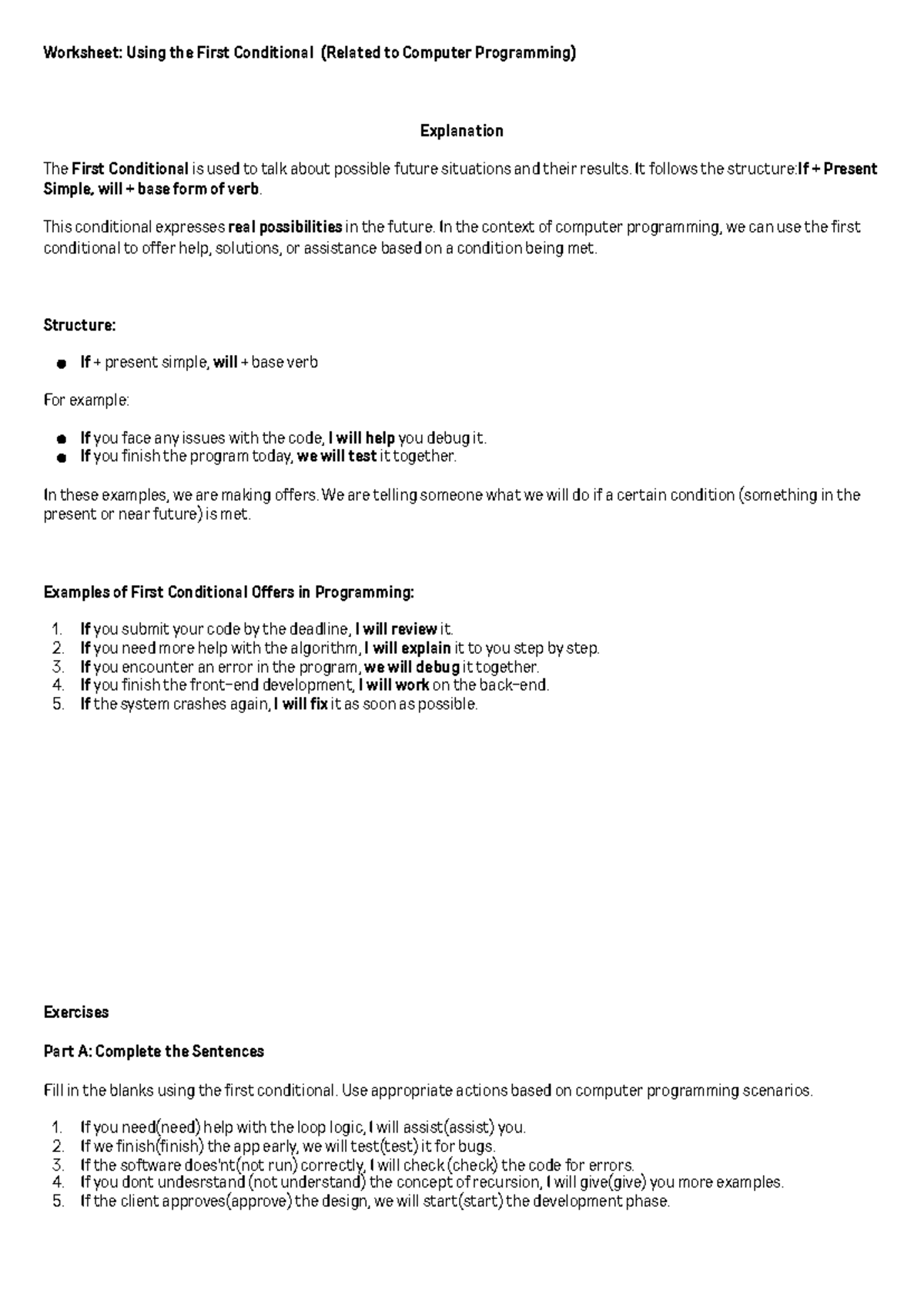 Worksheet 1ST Conditional Programming - Worksheet: Using the First ...