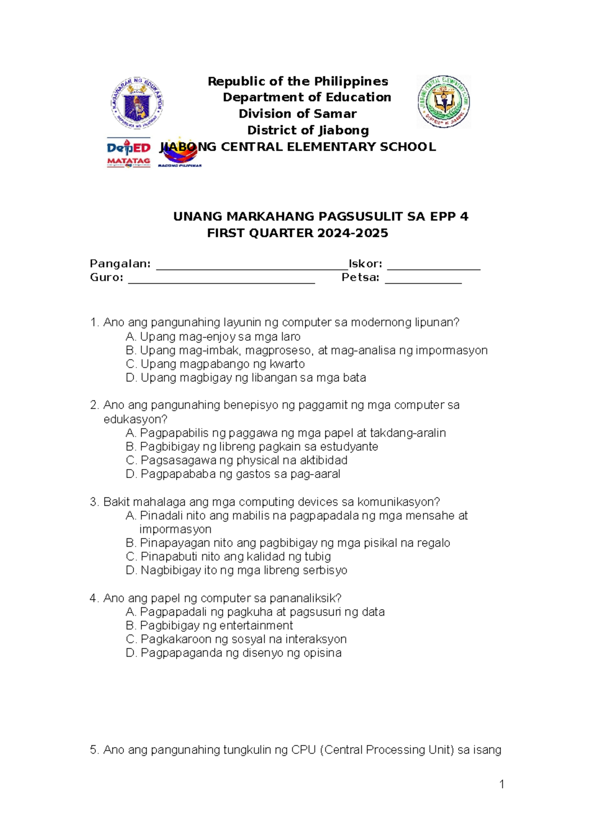 Q1 PT EPP 4 Matatag NBOYTITDX Republic of the Philippines
