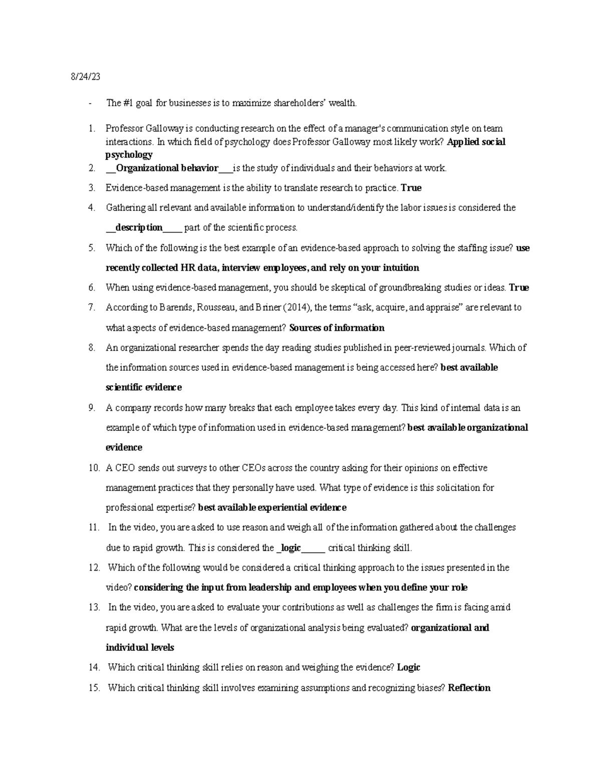 MGT 304 pdf notes - 8/24/ The #1 goal for businesses is to maximize ...