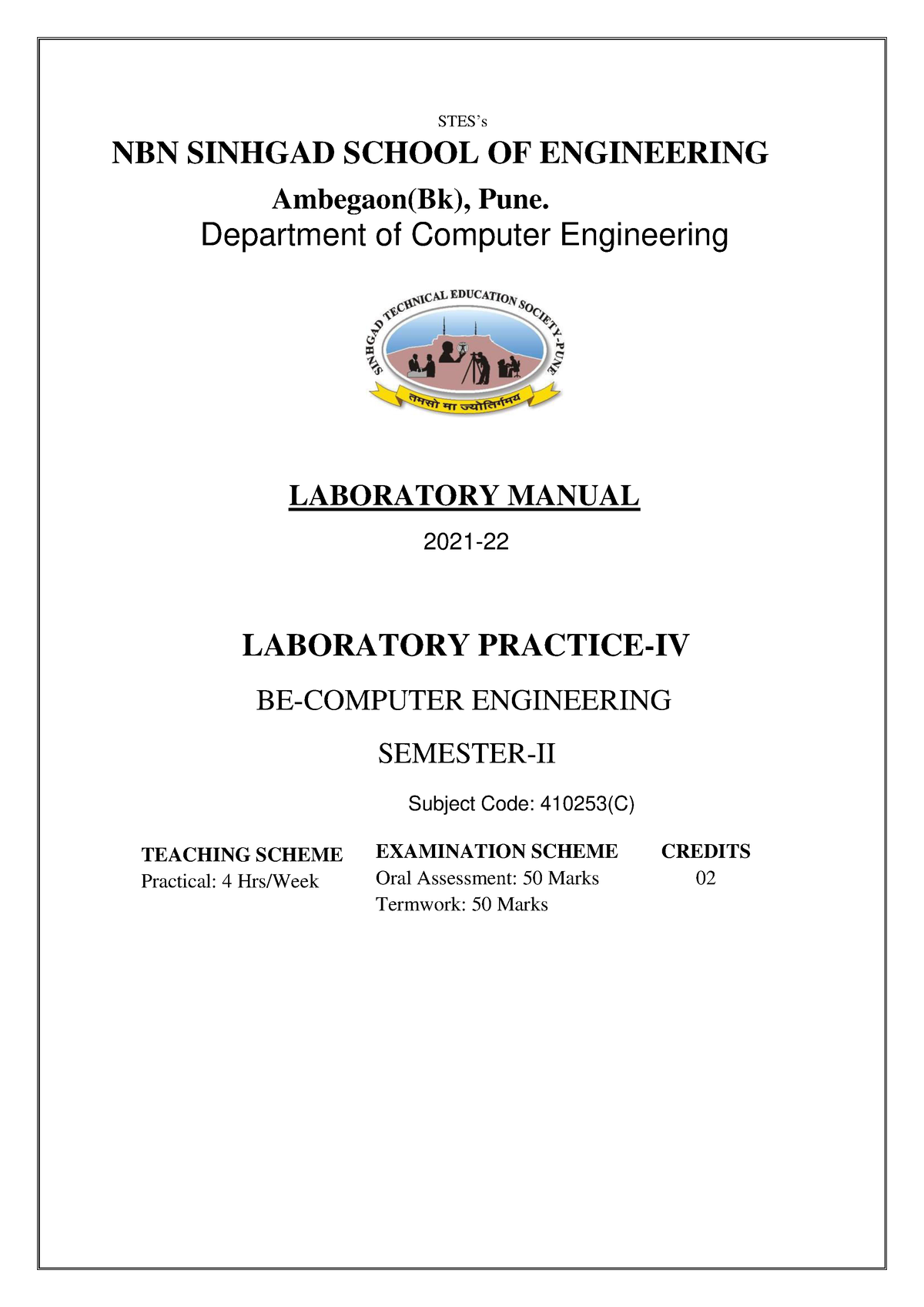 LP-IV Lab Manual with index - STES’s NBN SINHGAD SCHOOL OF ENGINEERING ...