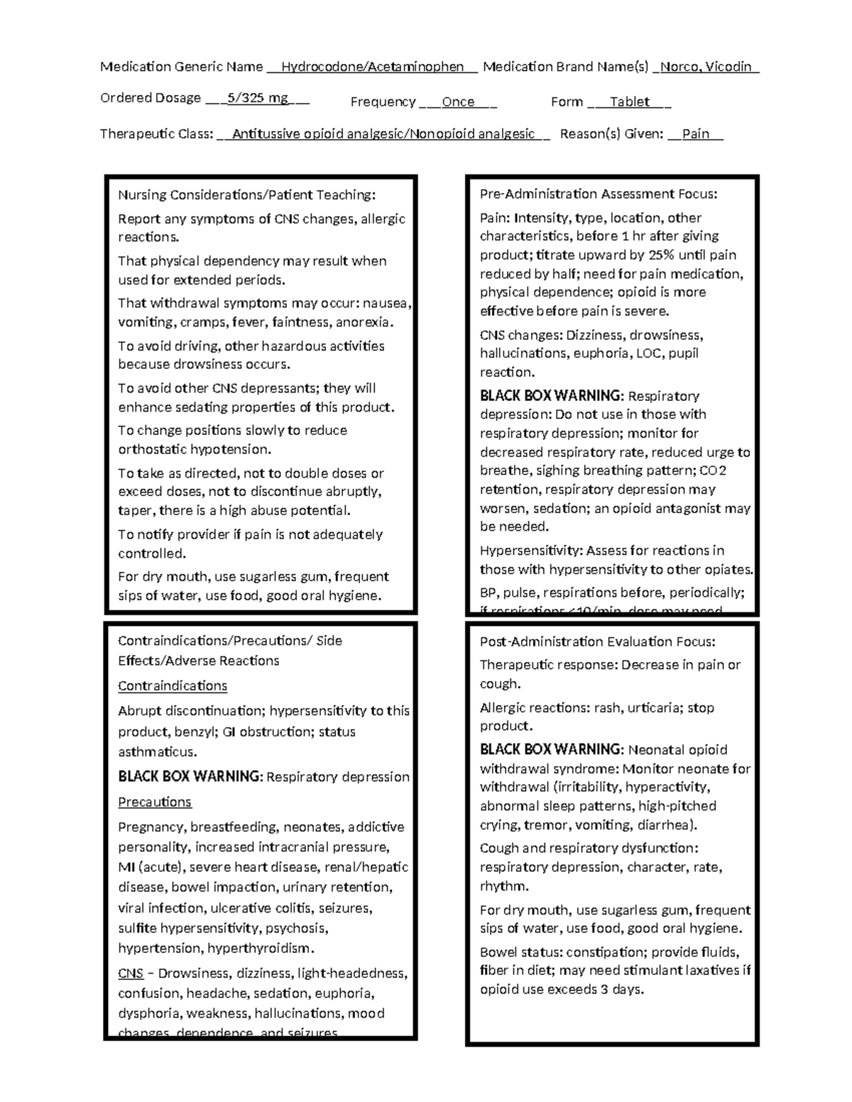 HydrocodoneAcetaminophen Nursing Considerations/Patient Teaching