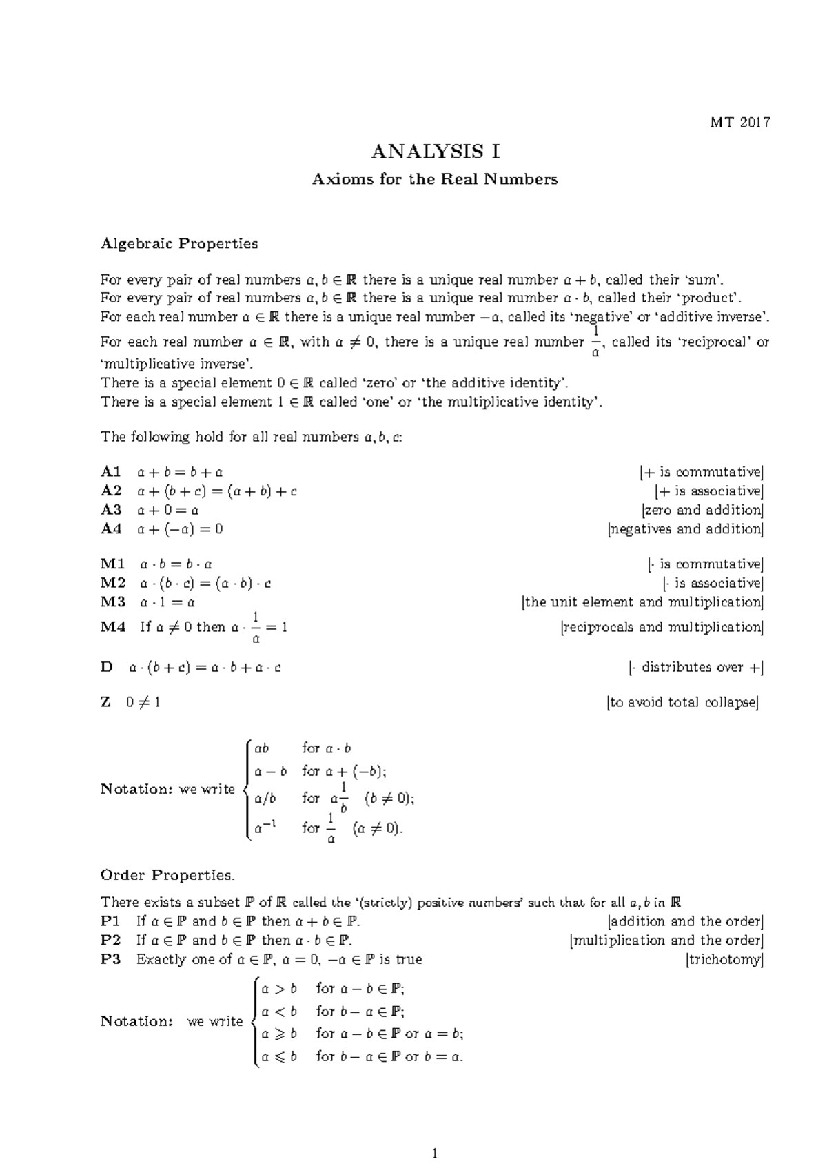 Axioms For The Real Numbers - MT 2017 ANALYSIS I Axioms For The Real ...