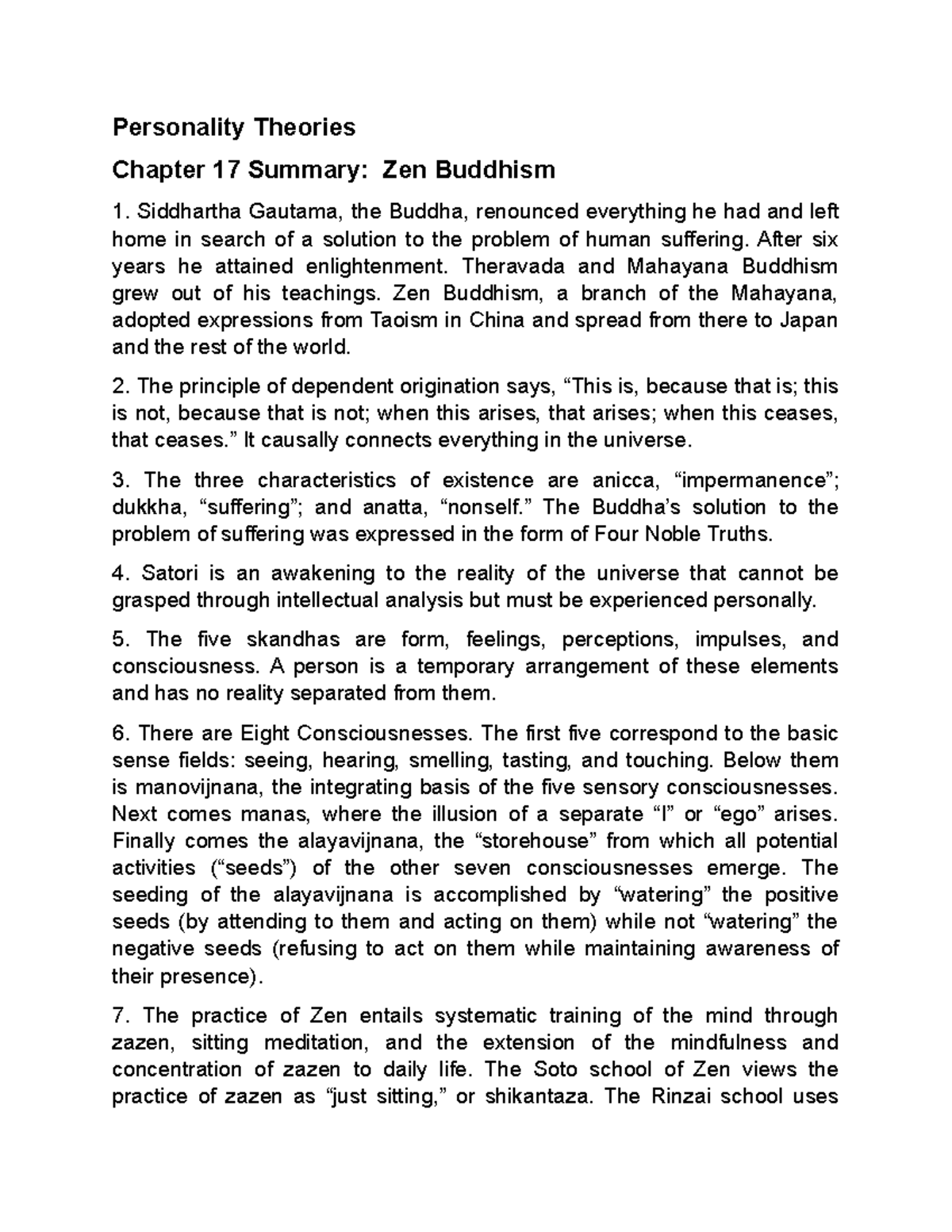 Zen Buddhism Personality Theories Chapter 17 Summary Personality