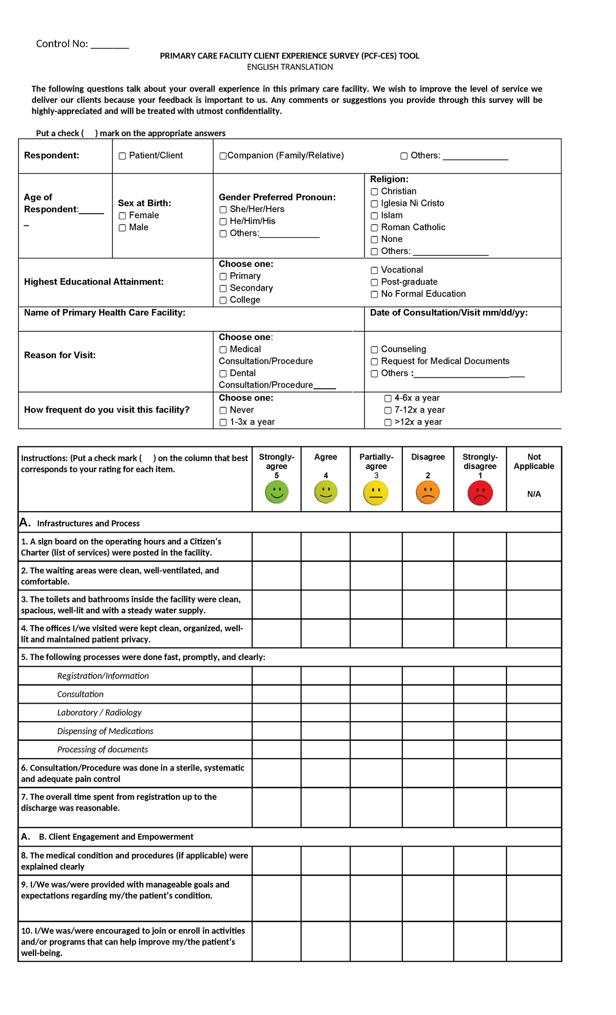 [English] PCF-CES Tool - Control No: _______ PRIMARY CARE FACILITY ...