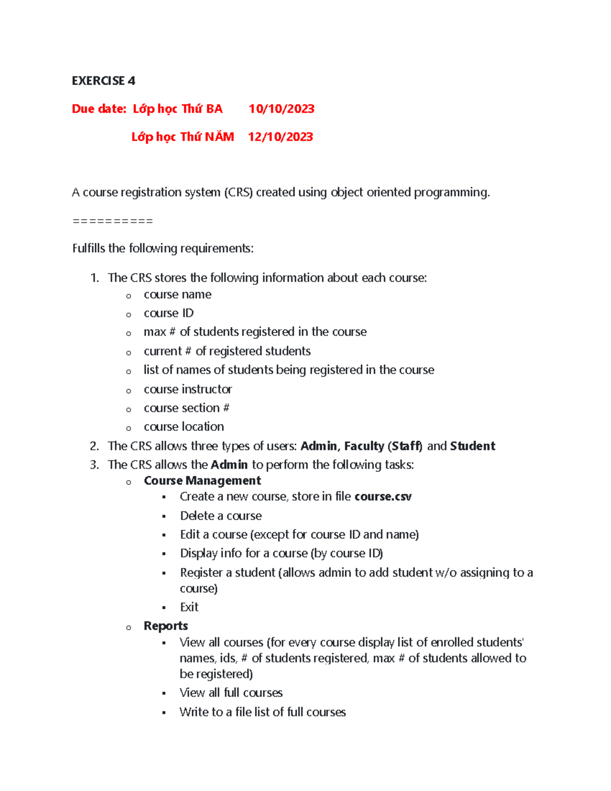 Ex 4 course registration system - EXERCISE 4 Due date: Lớp học Thứ BA ...