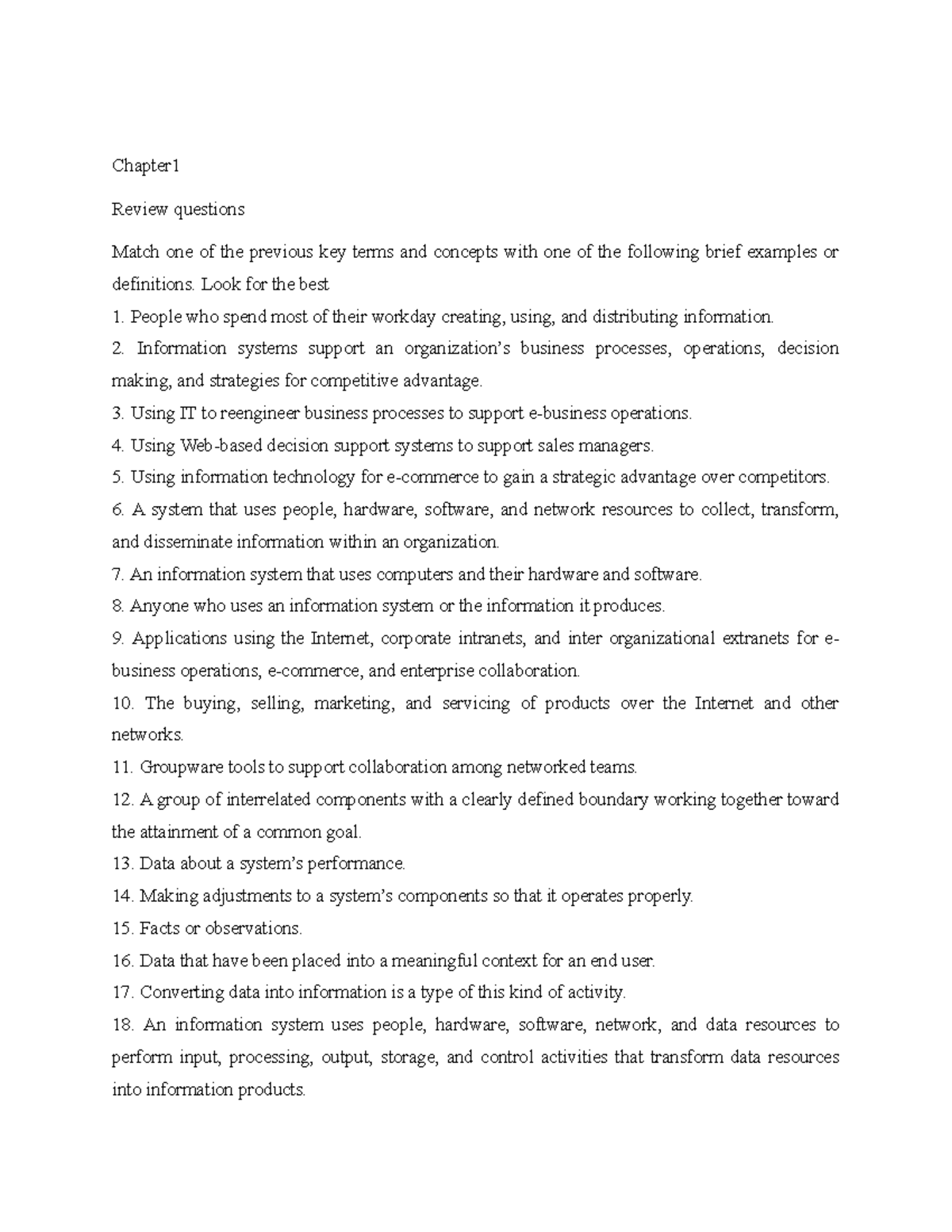 Chapter 1 - Chapter Review questions Match one of the previous key ...