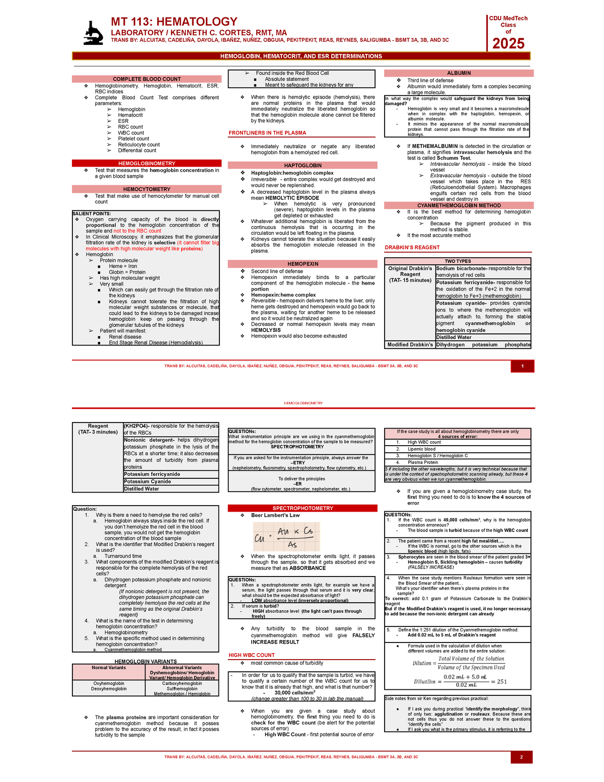 Hematology 1 Laboratory - Hemoglobin, Hematocrit, and ESR ...