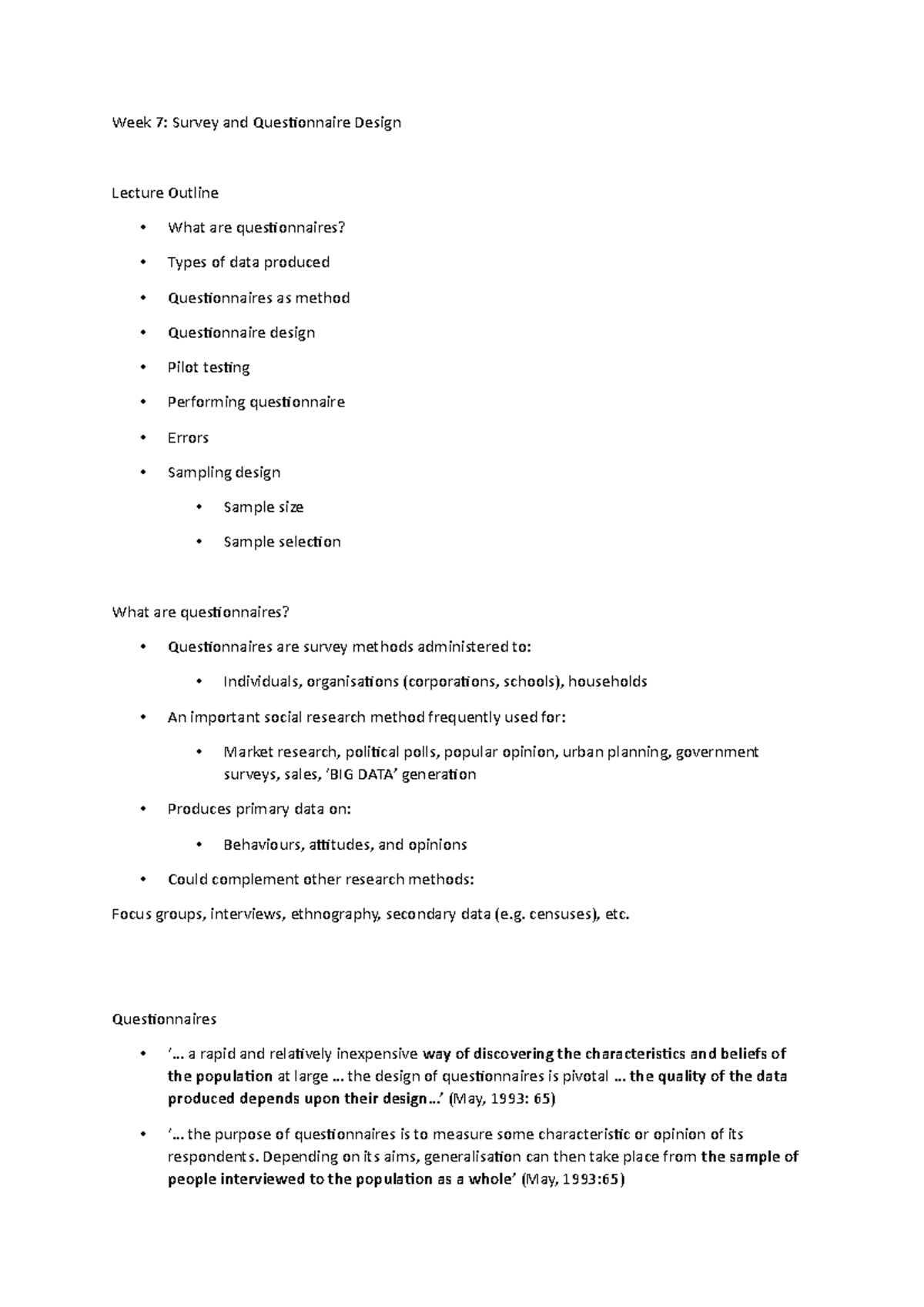 W7. Survey and Questionnaire Design - Week 7: Survey and Questionnaire ...
