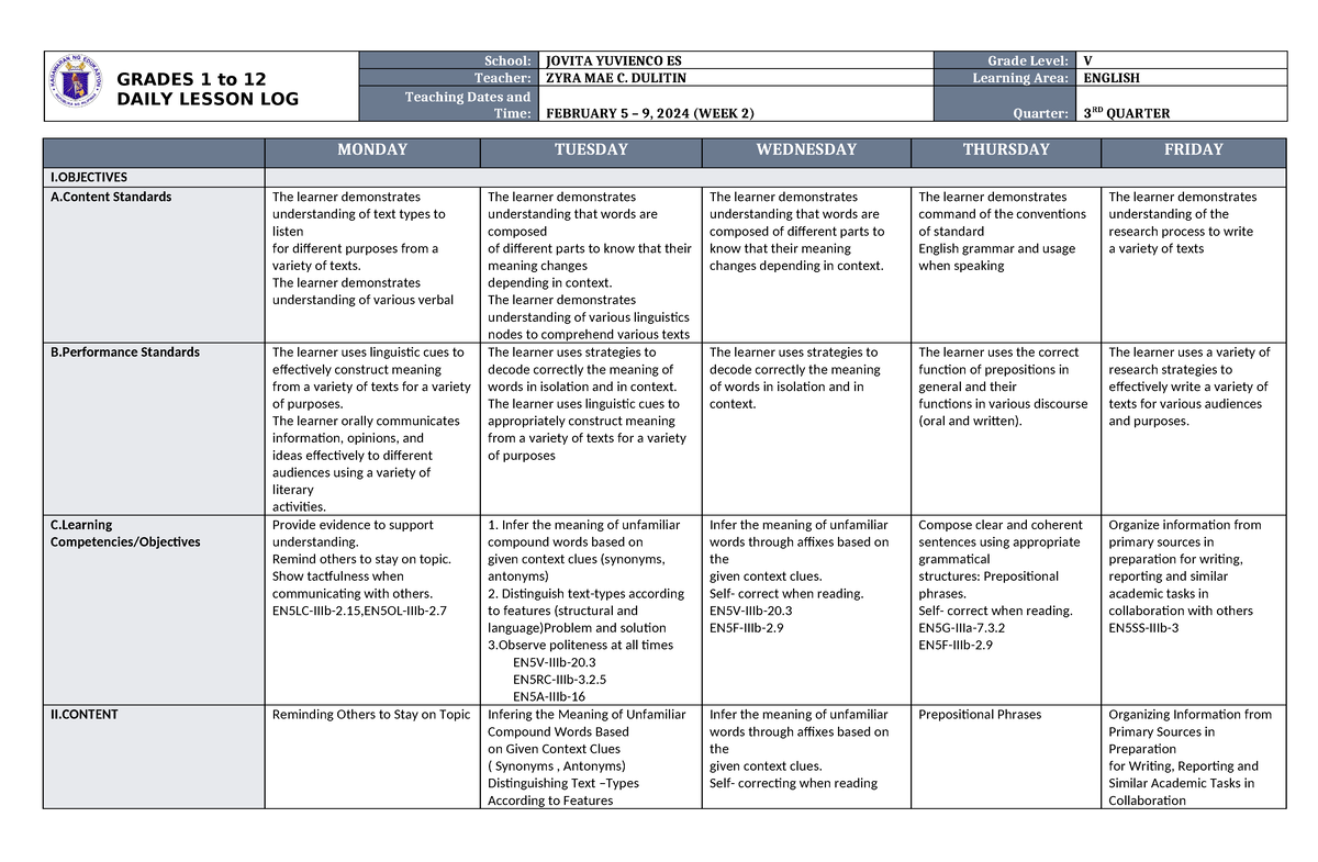 DLL English 5 Q3 W2 - this is sample dll - GRADES 1 to 12 DAILY LESSON ...