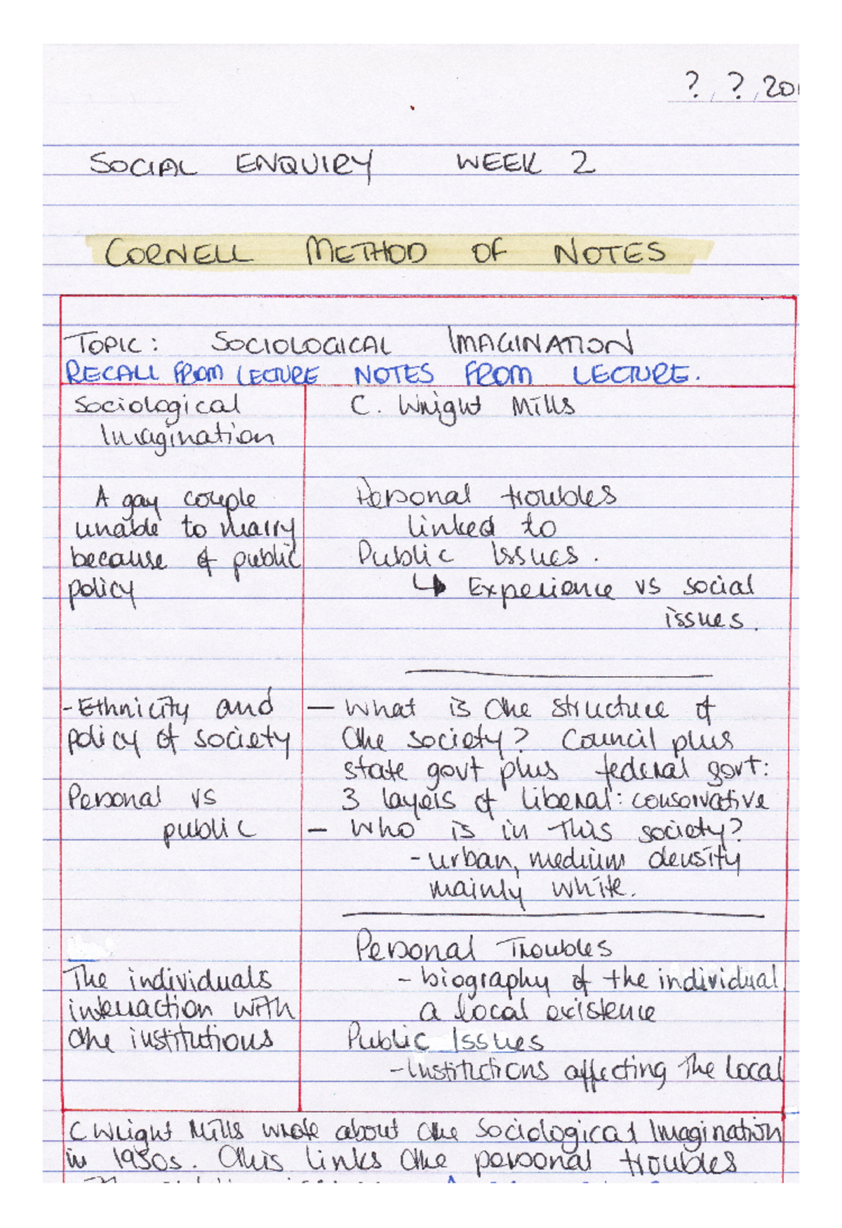 ENG-12 - Notes about the lecture - ? ? 20 SOCIAL ENQUIRY WEEK 2 CORNELL ...