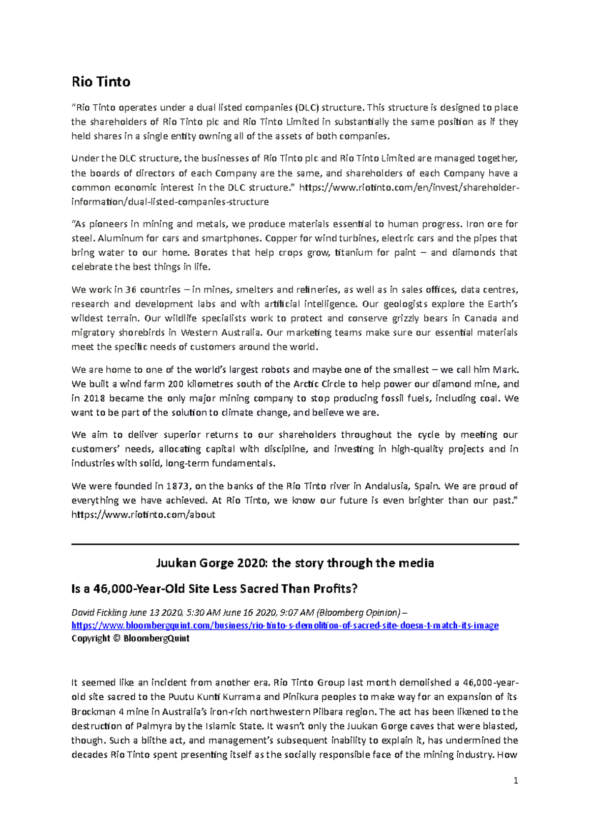 Rio Tinto Case Study Final Rio Tinto “Rio Tinto operates under a