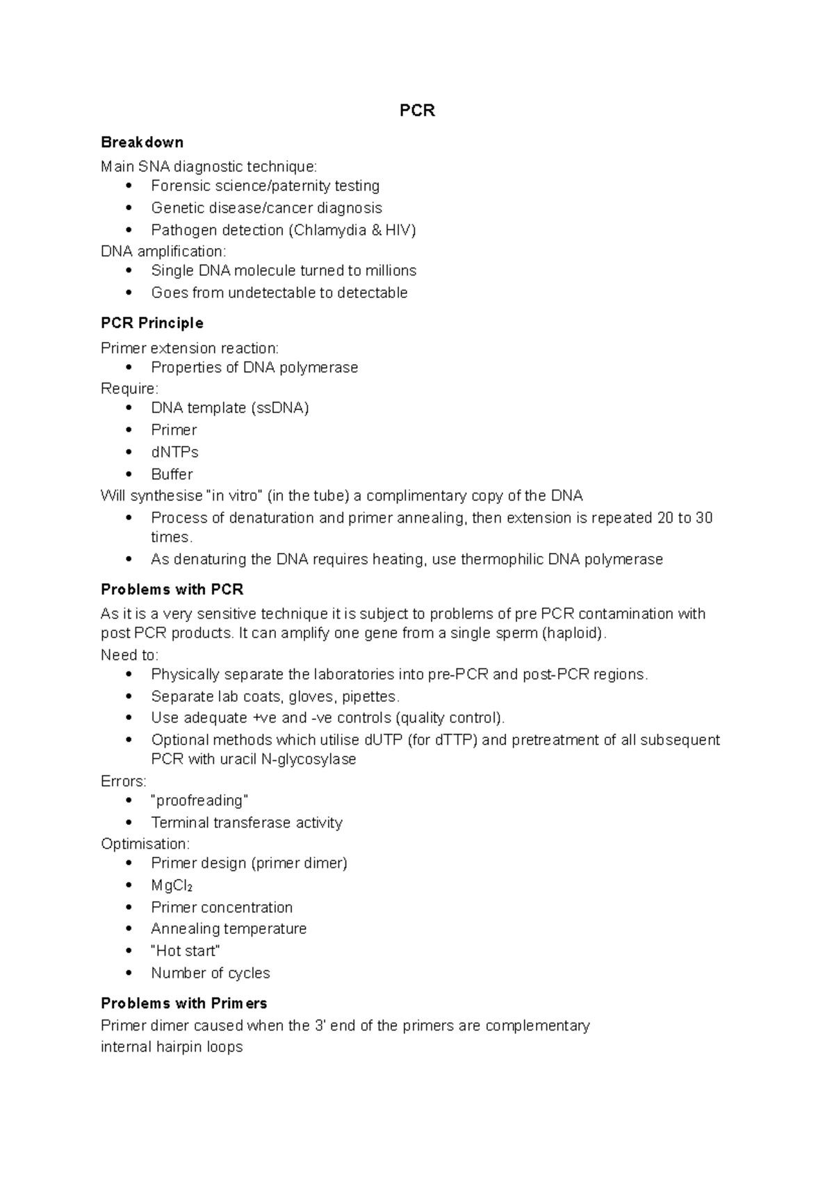 PCR - Lecture notes 4 - PCR Breakdown Main SNA diagnostic technique ...