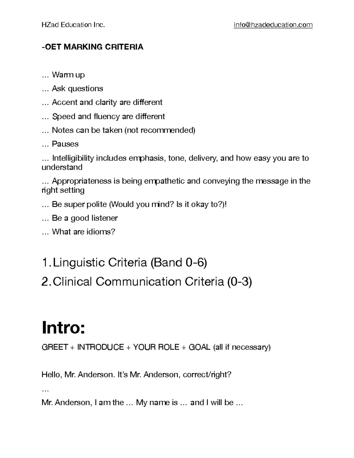 OET+Speaking+Notes+(1) -OET MARKING CRITERIA ... Warm up ... Ask ...
