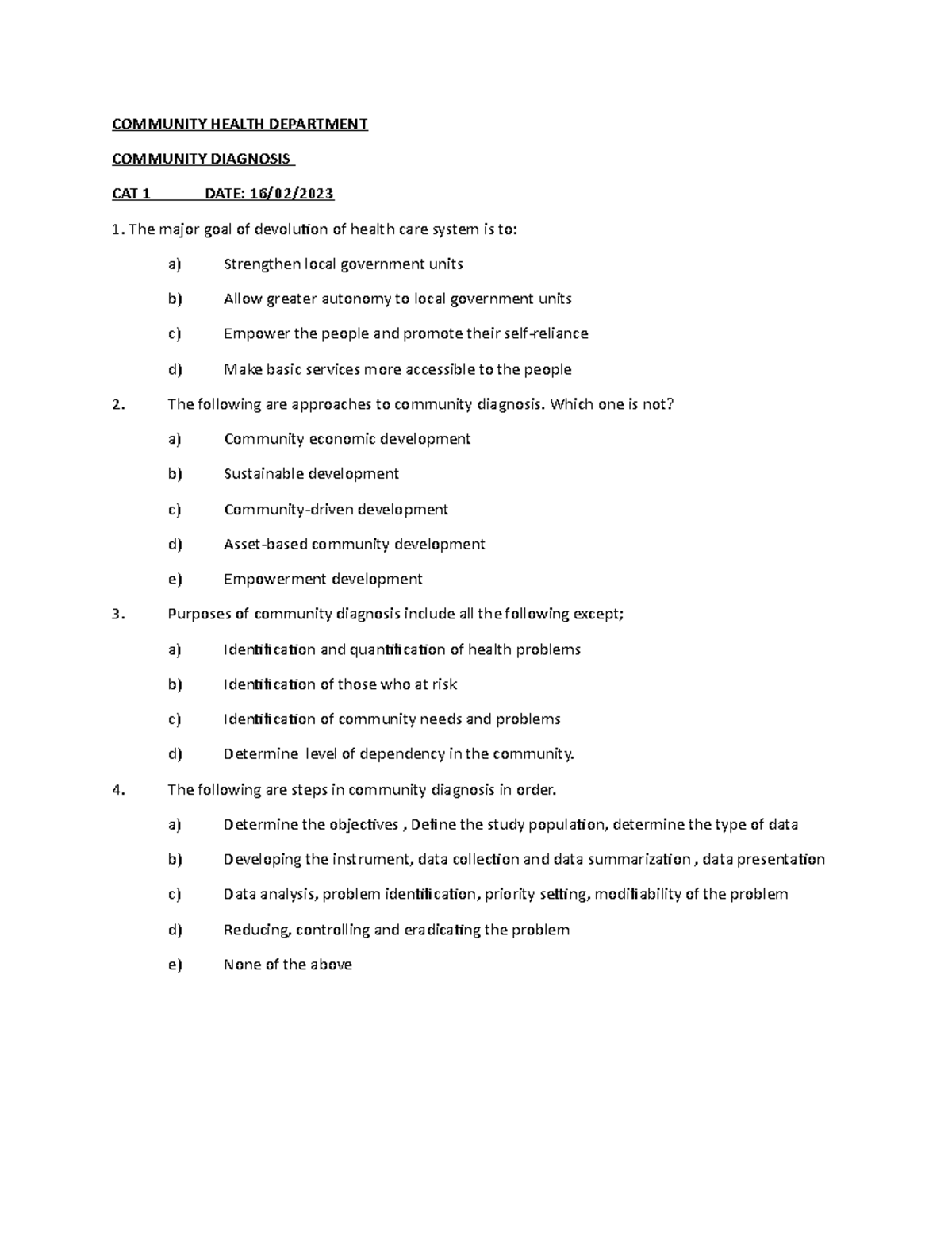 Community diagnosis CAT 1 COMMUNITY HEALTH DEPARTMENT COMMUNITY DIAGNOSIS CAT 1 DATE 16/02