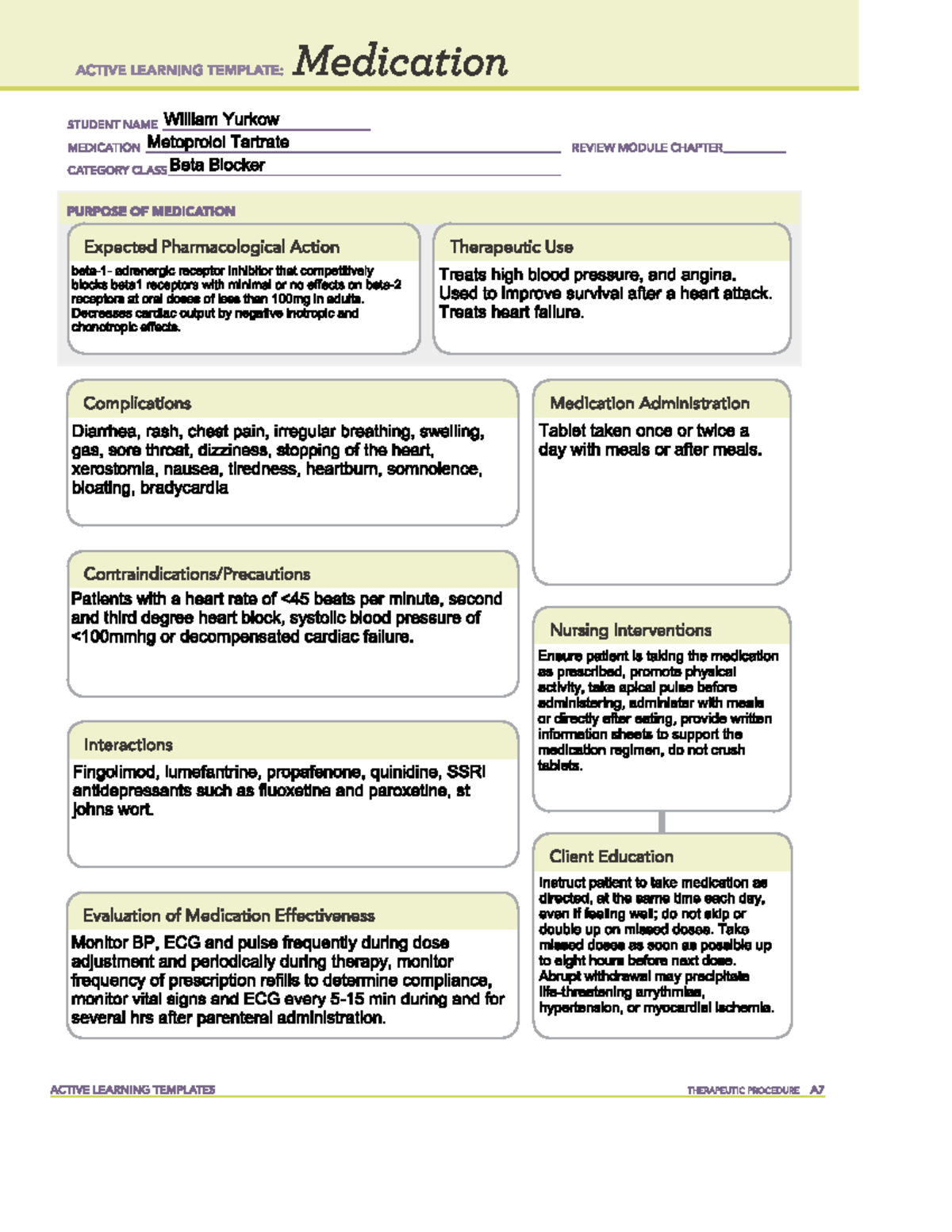 Medication Template Metoprolol Tartrate - ACTIVE LEARNING TEMPLATE ...