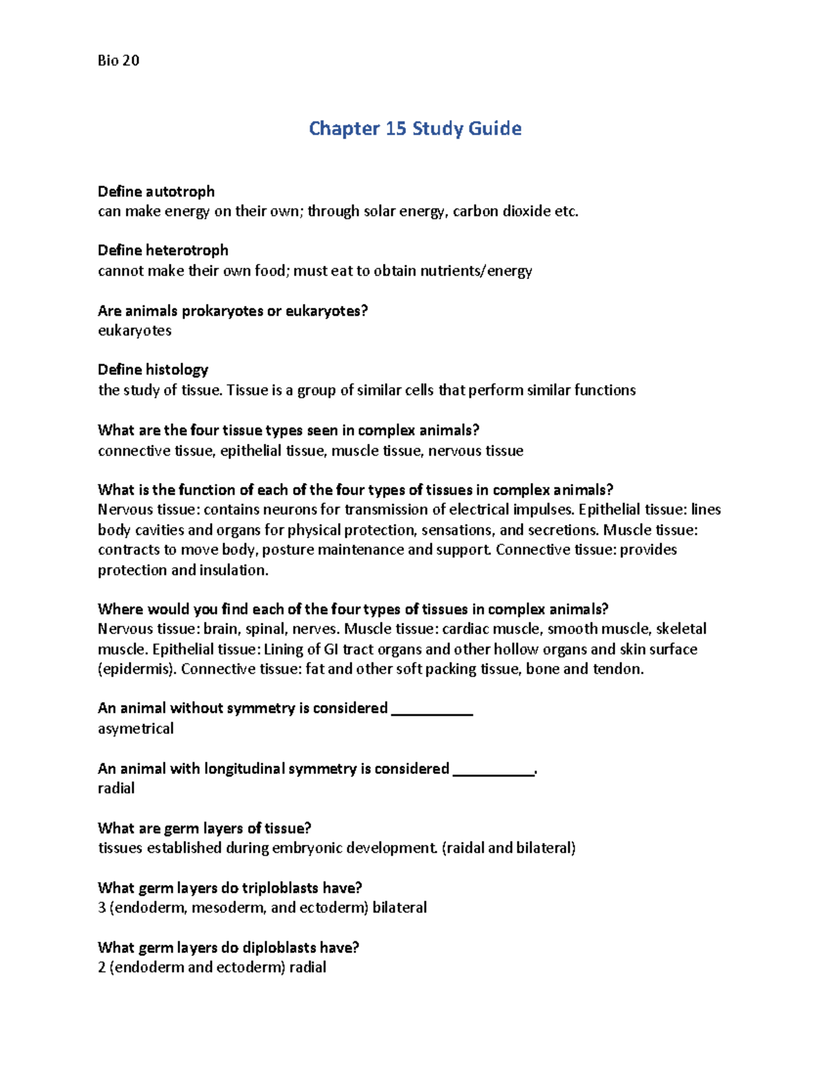 Chapter 15 Study Guide (Bio 20) - Bio 20 Chapter 15 Study Guide Define ...