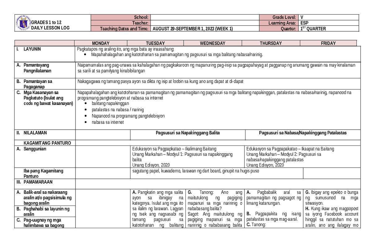 ESP DLL Q1 W1-no - ESP DLL Q1 W1-no - GRADES 1 to 12 DAILY LESSON LOG ...